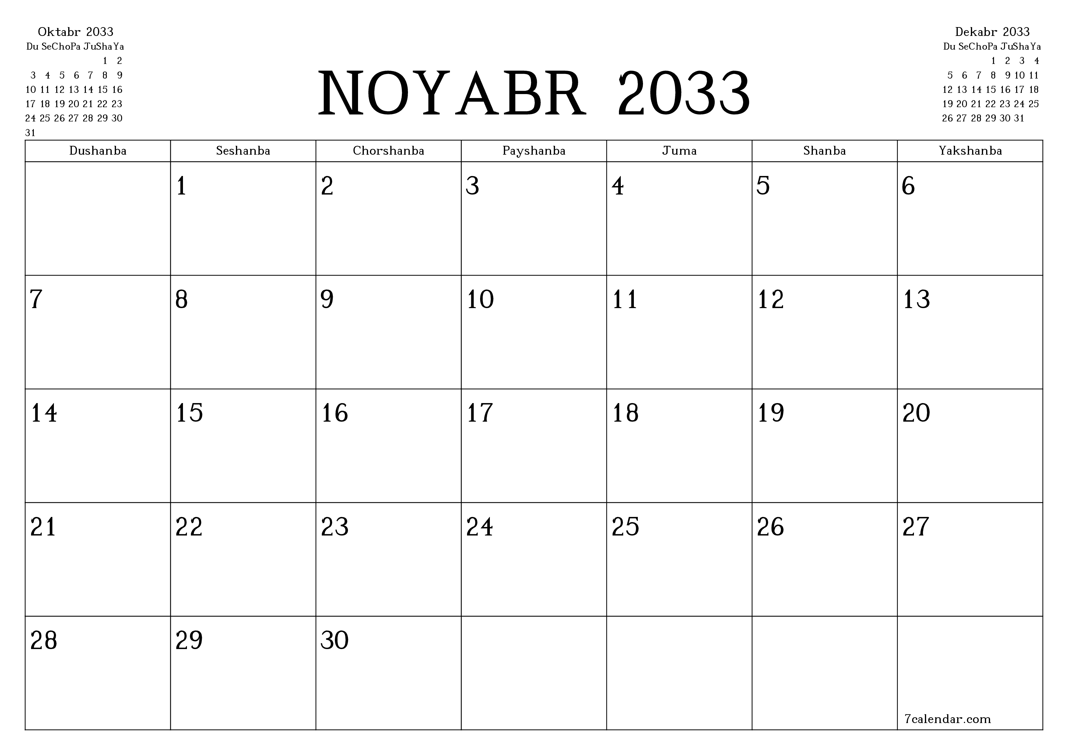 Noyabr 2033 oylik oylik rejalashtiruvchini yozuvlar bilan bo'shatish, saqlash va PDF-ga chop etish PNG Uzbek