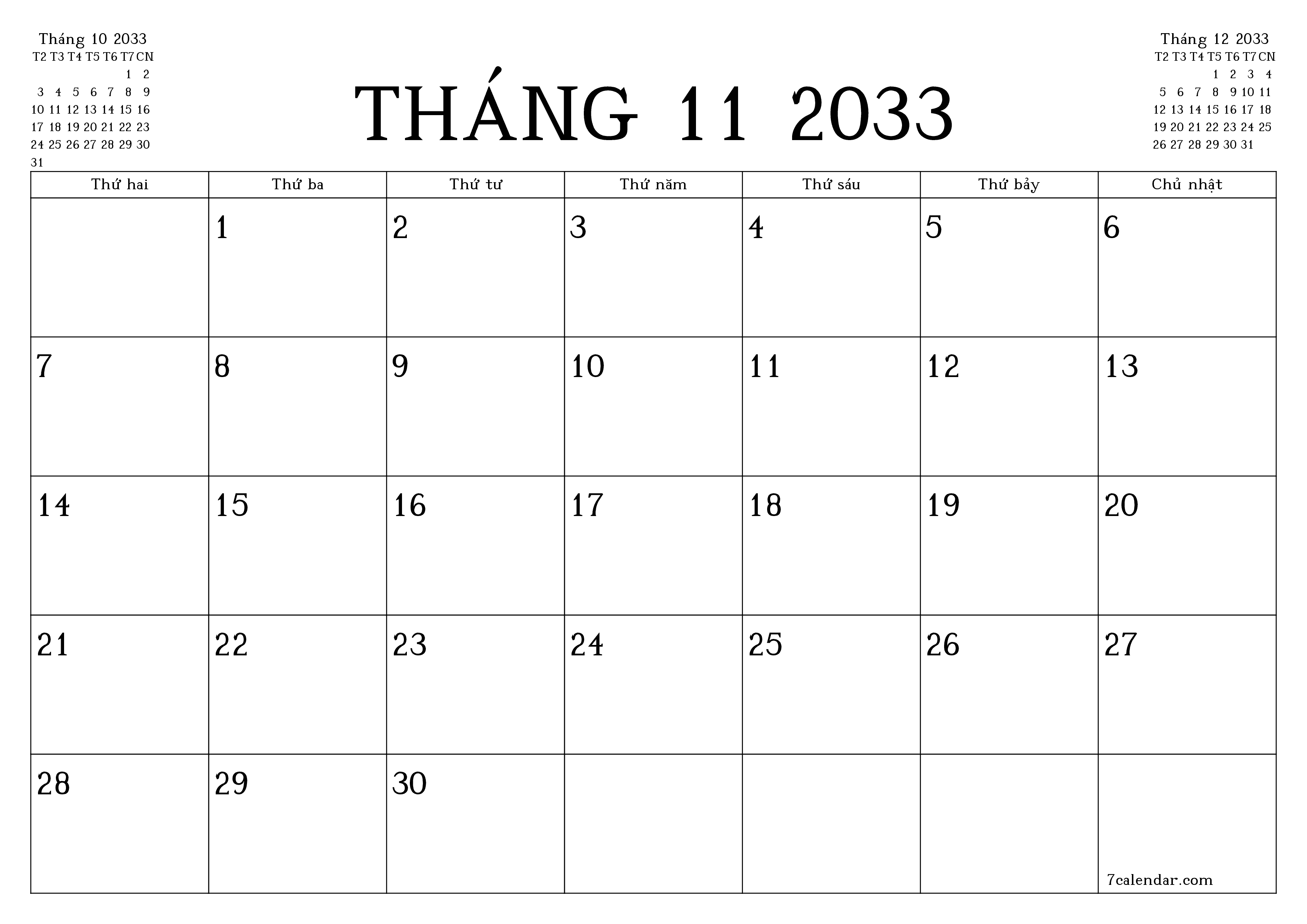 Công cụ lập kế hoạch hàng tháng trống cho tháng Tháng 11 2033 có ghi chú, lưu và in sang PDF PNG Vietnamese