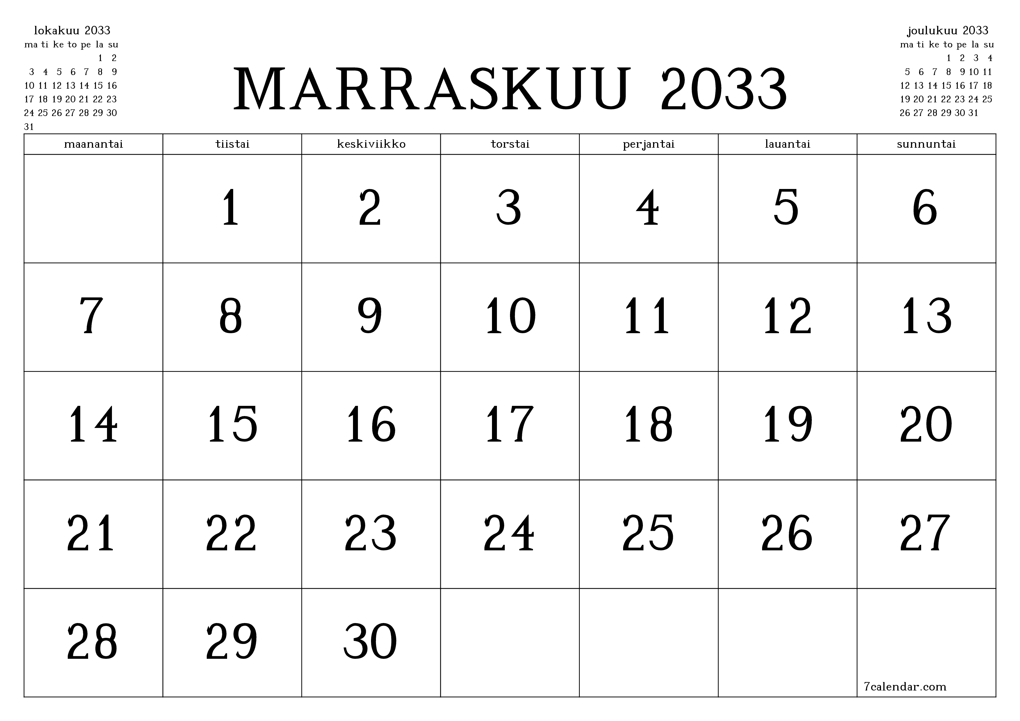 Tyhjennä kuukausittainen suunnittelija kuukaudelle Marraskuu 2033 muistiinpanoilla, tallenna ja tulosta PDF-muotoon PNG Finnish