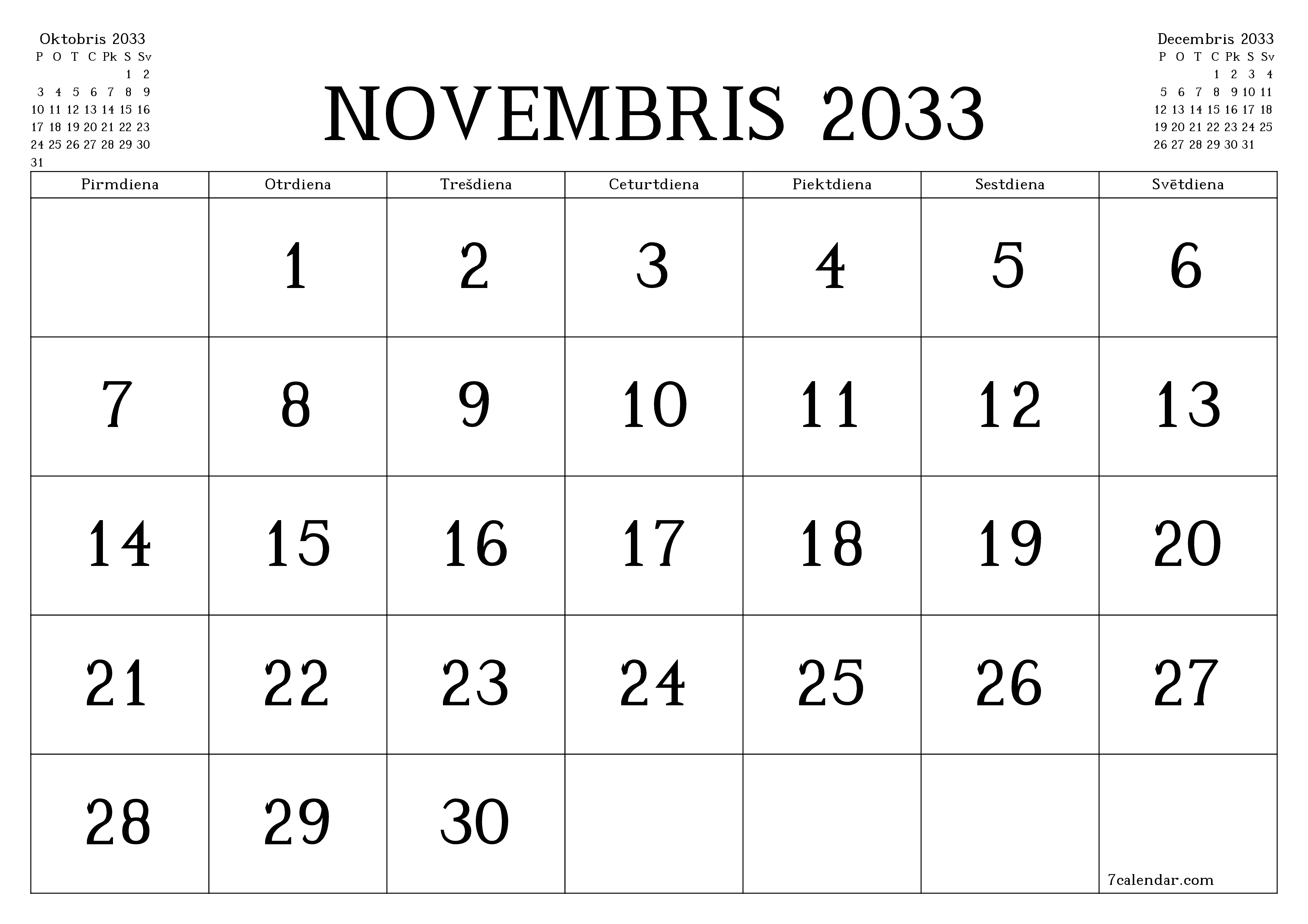 Iztukšot mēneša plānotāju mēnesim Novembris 2033 ar piezīmēm, saglabāt un izdrukāt PDF formātā PNG Latvian