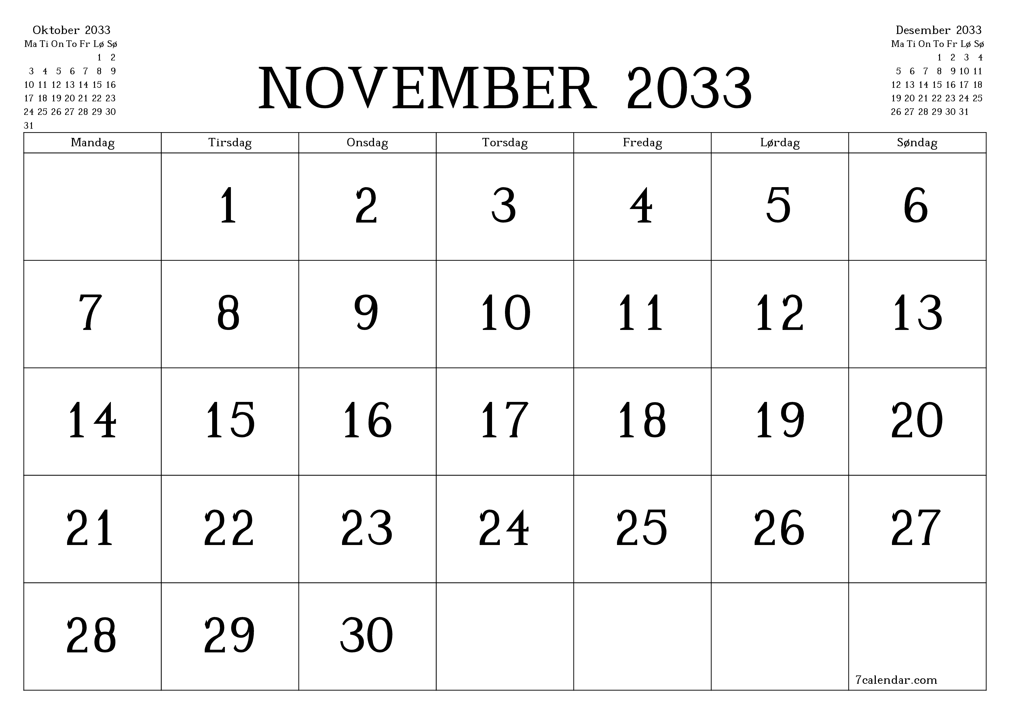 Tom månedlig planlegger for måned November 2033 med notater, lagre og skriv ut til PDF PNG Norwegian