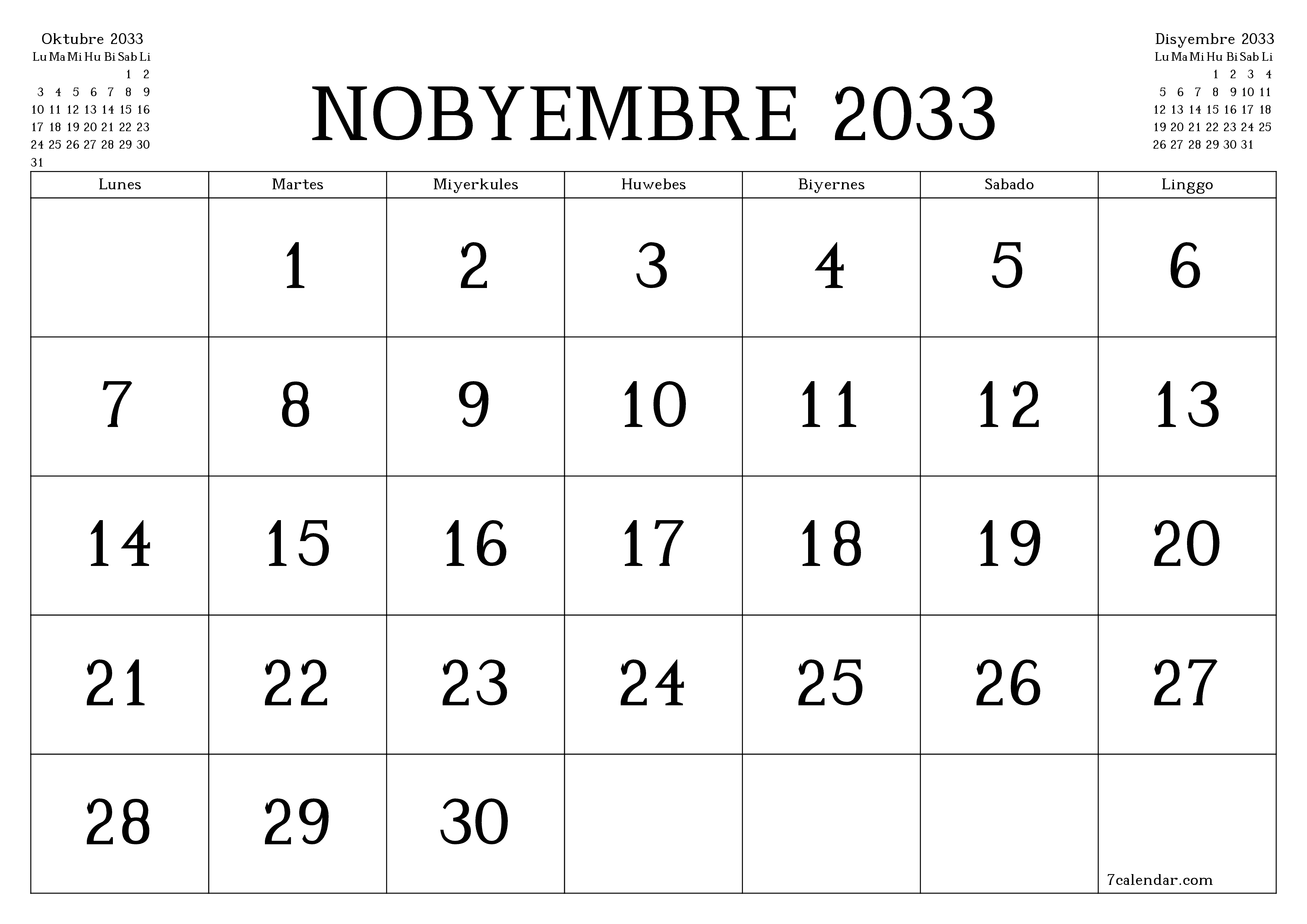 Walang laman na buwanang tagaplano para sa buwan na Nobyembre 2033 na may mga tala, i-save at i-print sa PDF PNG Filipino