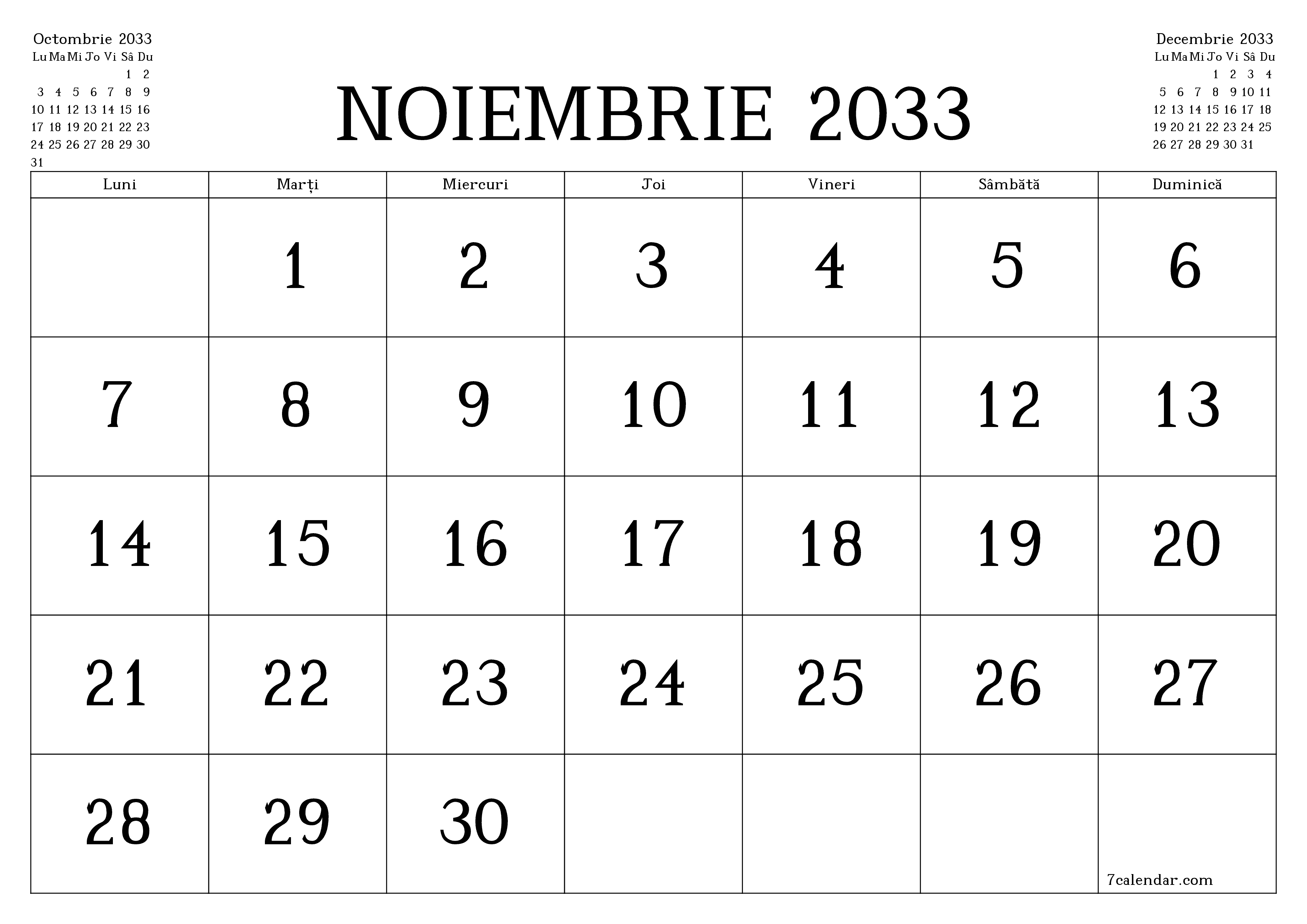 Planificator lunar gol pentru luna Noiembrie 2033 cu note, salvați și tipăriți în PDF PNG Romanian