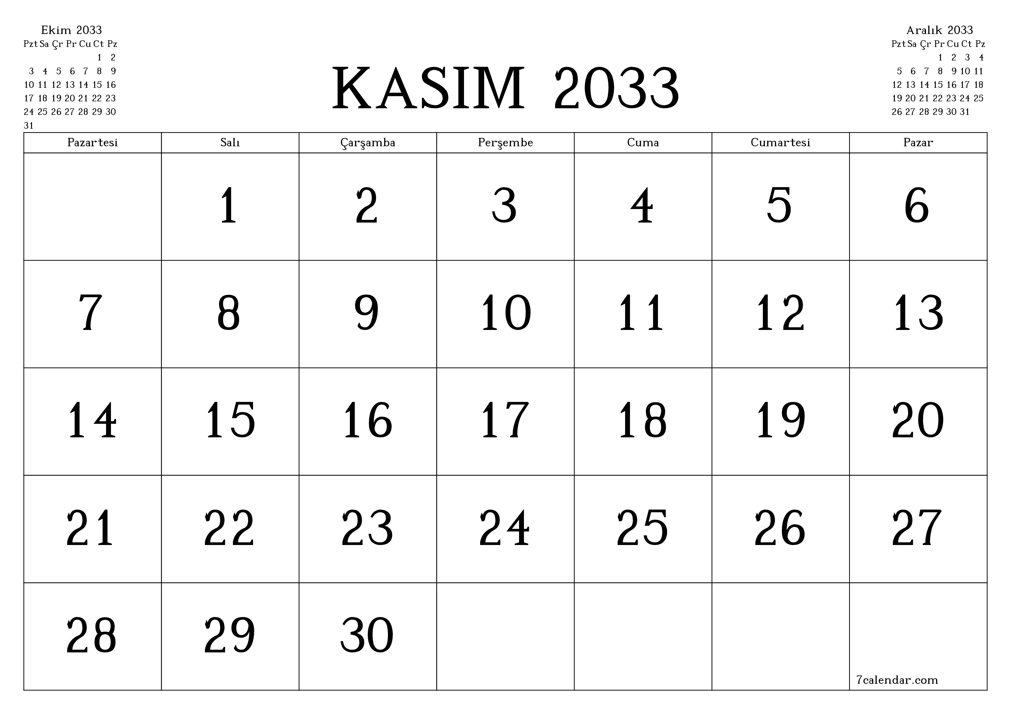 Kasım 2033 ayı için notlarla birlikte boş aylık planlayıcı, kaydedin ve PDF'ye yazdırın PNG Turkish