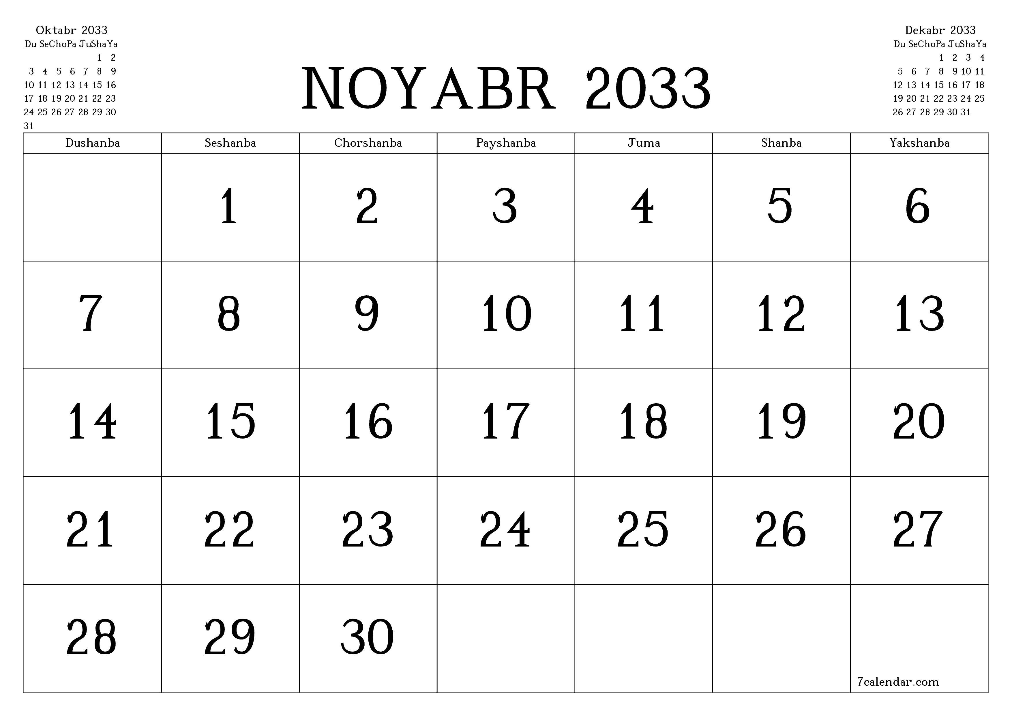 Noyabr 2033 oylik oylik rejalashtiruvchini yozuvlar bilan bo'shatish, saqlash va PDF-ga chop etish PNG Uzbek