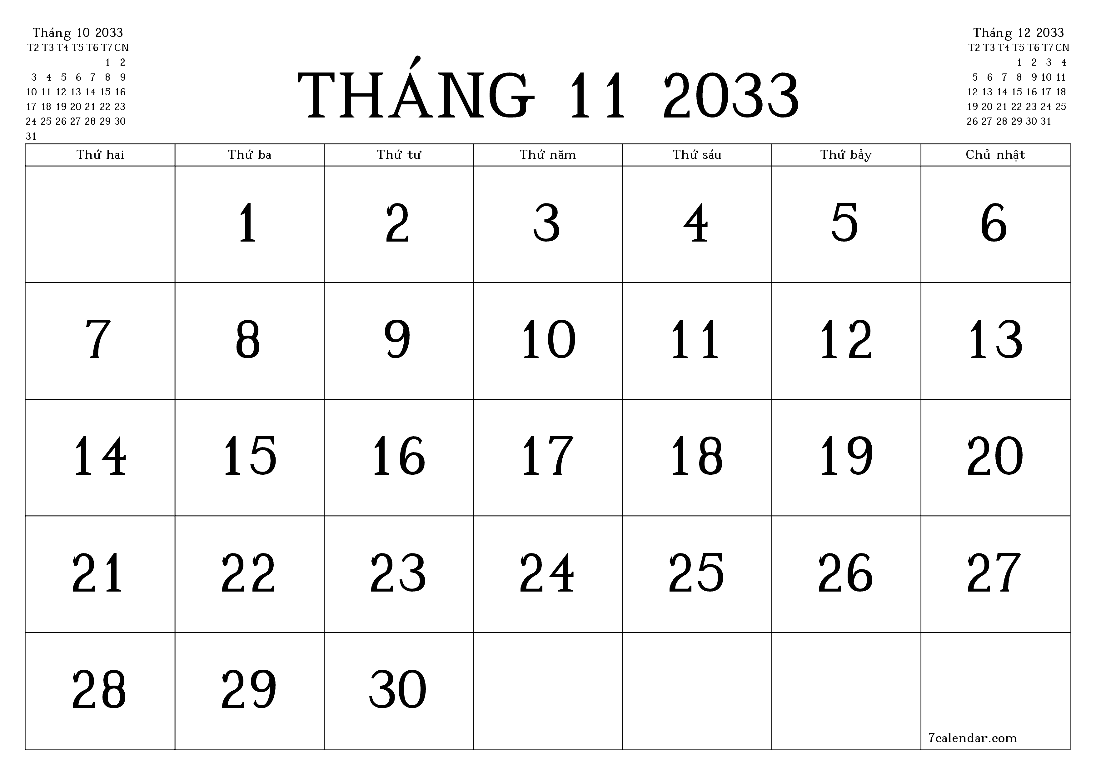 Công cụ lập kế hoạch hàng tháng trống cho tháng Tháng 11 2033 có ghi chú, lưu và in sang PDF PNG Vietnamese