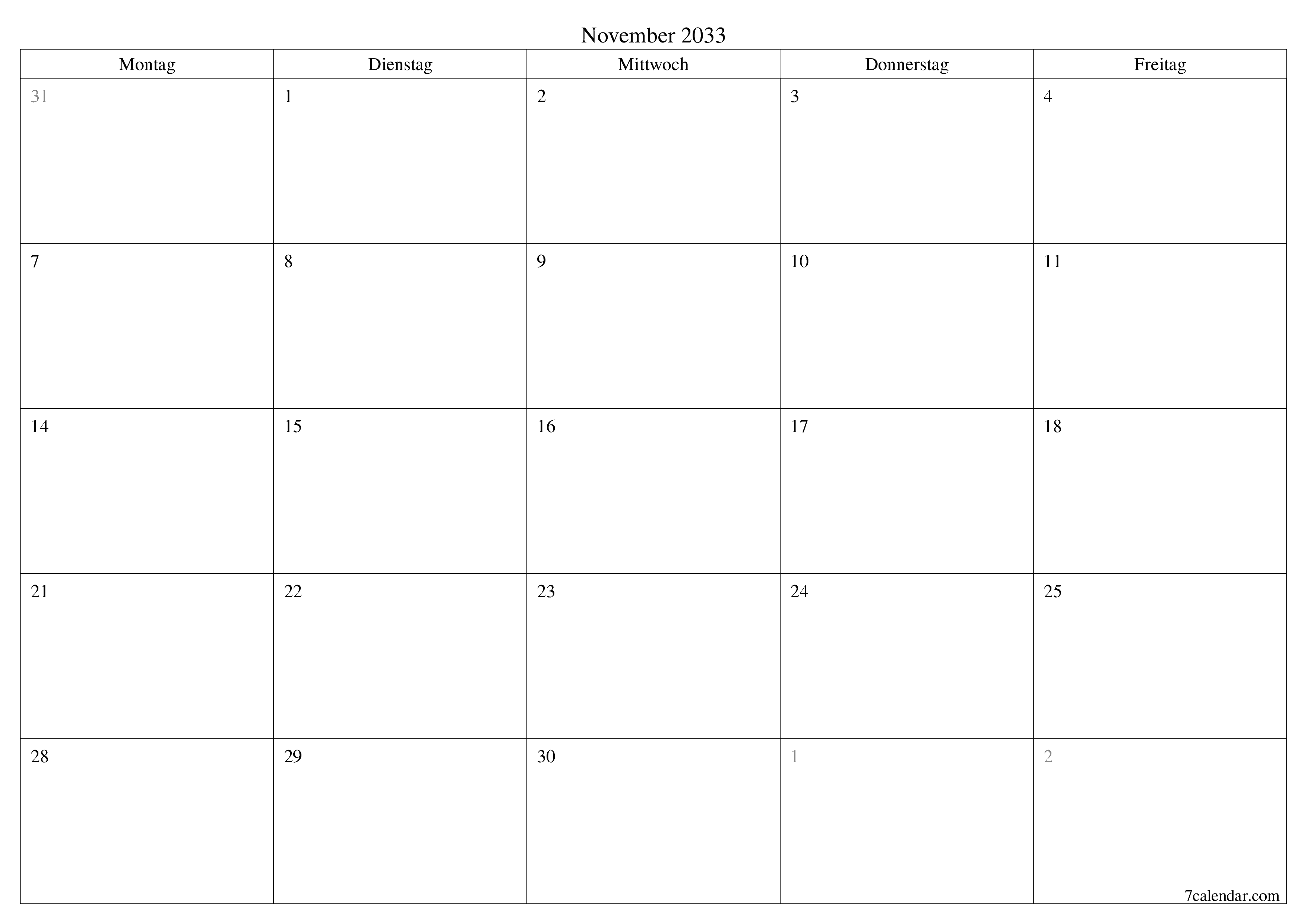 Monatsplaner für Monat November 2033 mit Notizen leeren, speichern und als PDF PNG German - 7calendar.com drucken