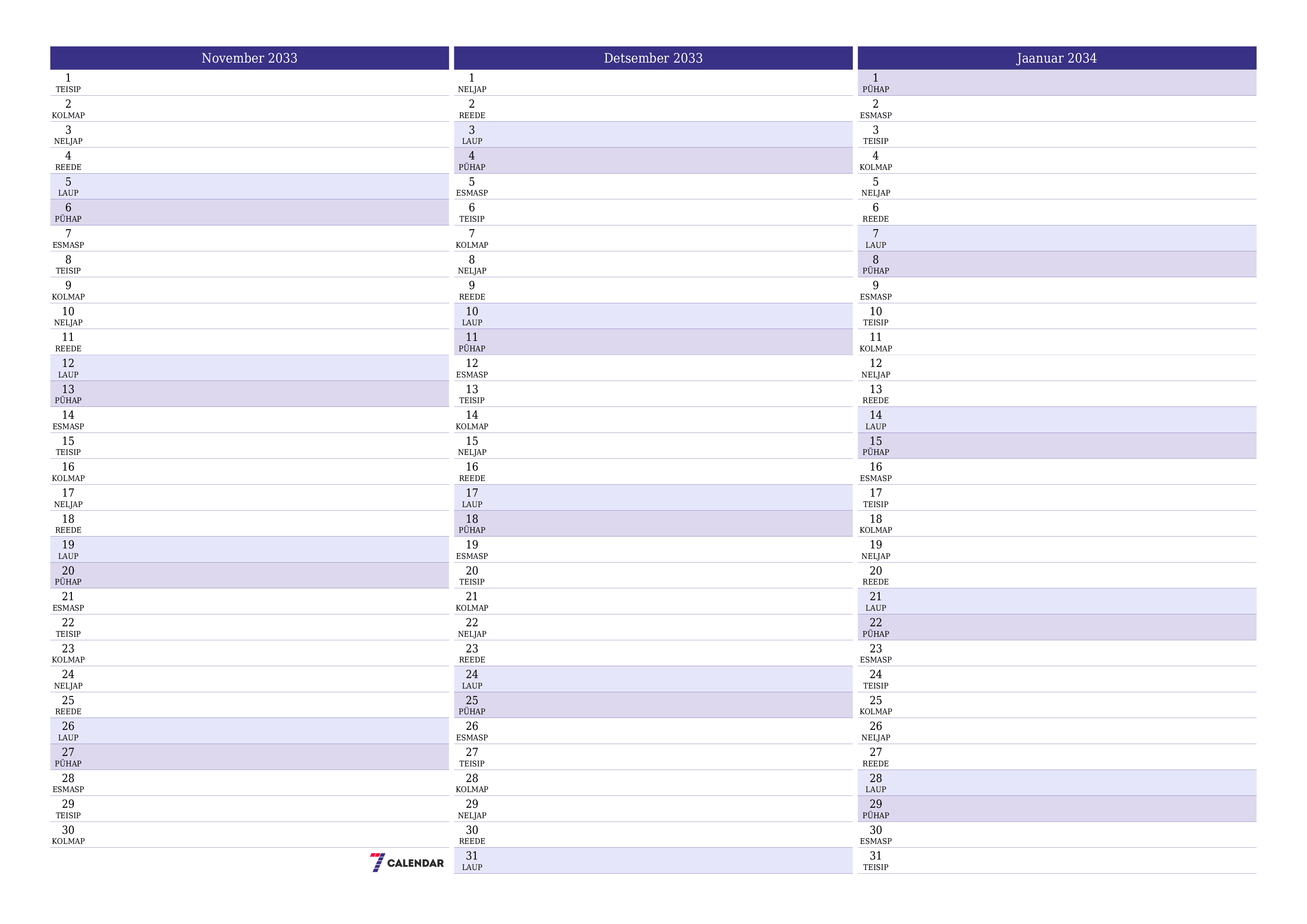 Tühjendage kuu November 2033 kuuplaneerija märkmetega, salvestage ja printige PDF-i PNG Estonian