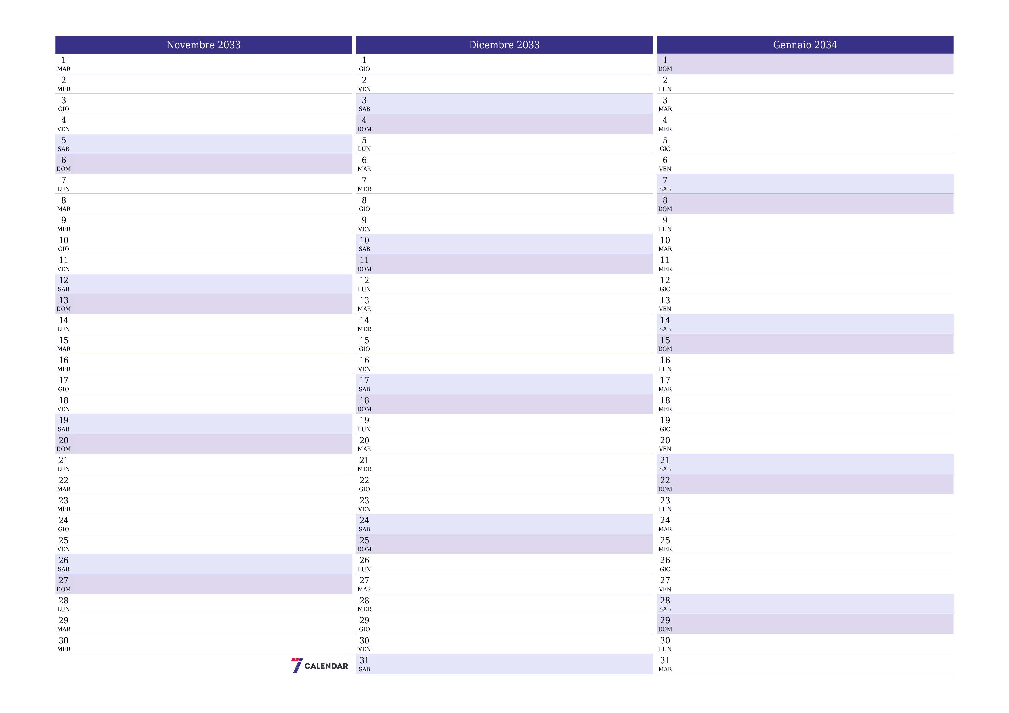 Pianificatore mensile vuoto per il mese Novembre 2033 con note, salva e stampa in PDF PNG Italian