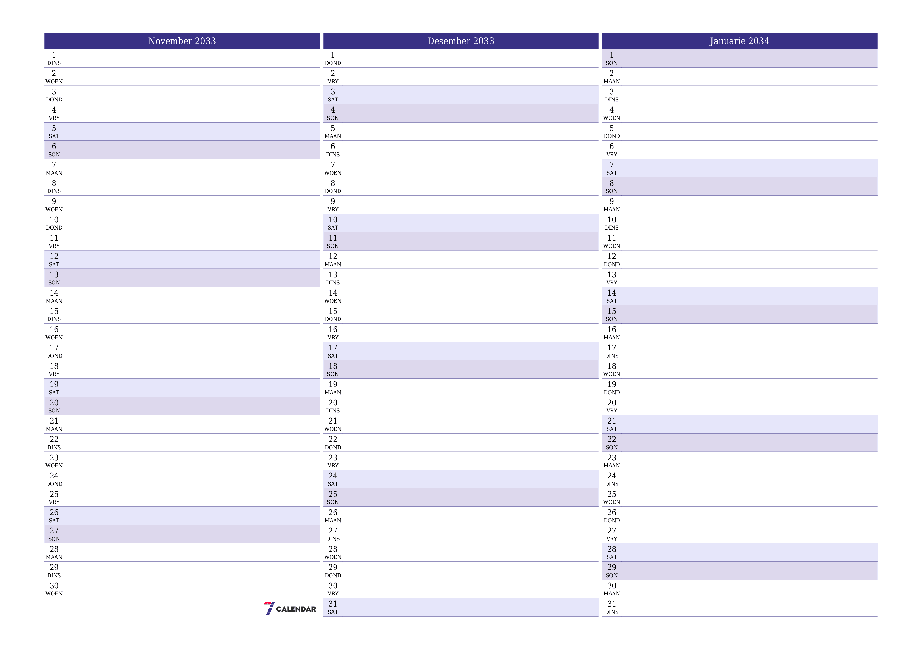Leë maandelikse drukbare kalender en beplanner vir maand November 2033 met notas stoor en druk na PDF PNG Afrikaans