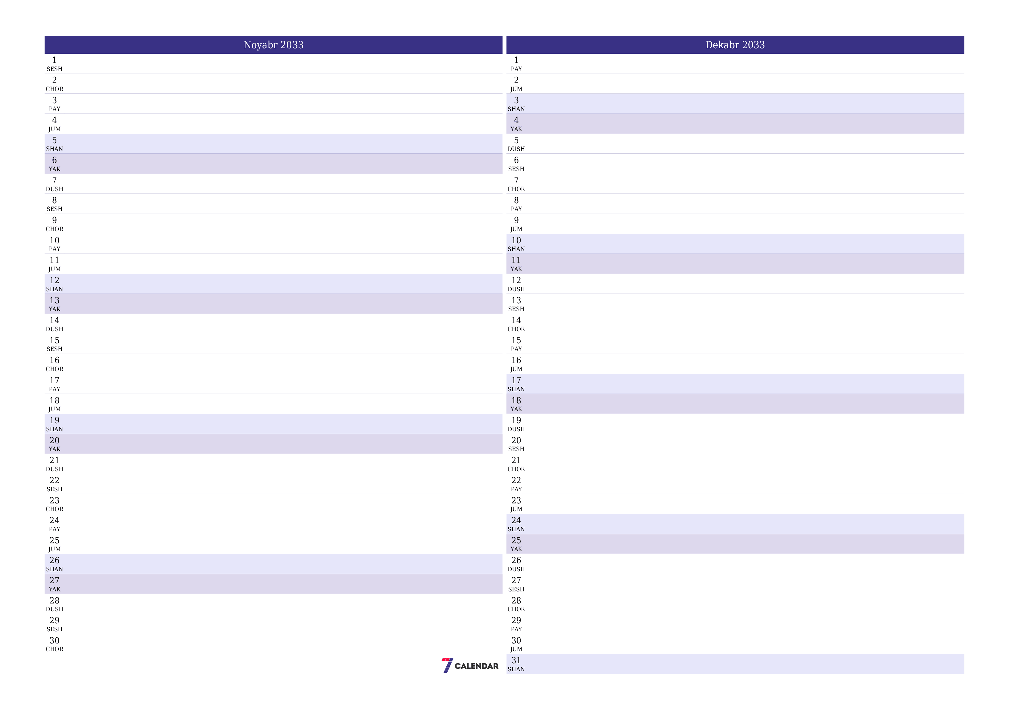 Noyabr 2033 oylik oylik rejalashtiruvchini yozuvlar bilan bo'shatish, saqlash va PDF-ga chop etish PNG Uzbek