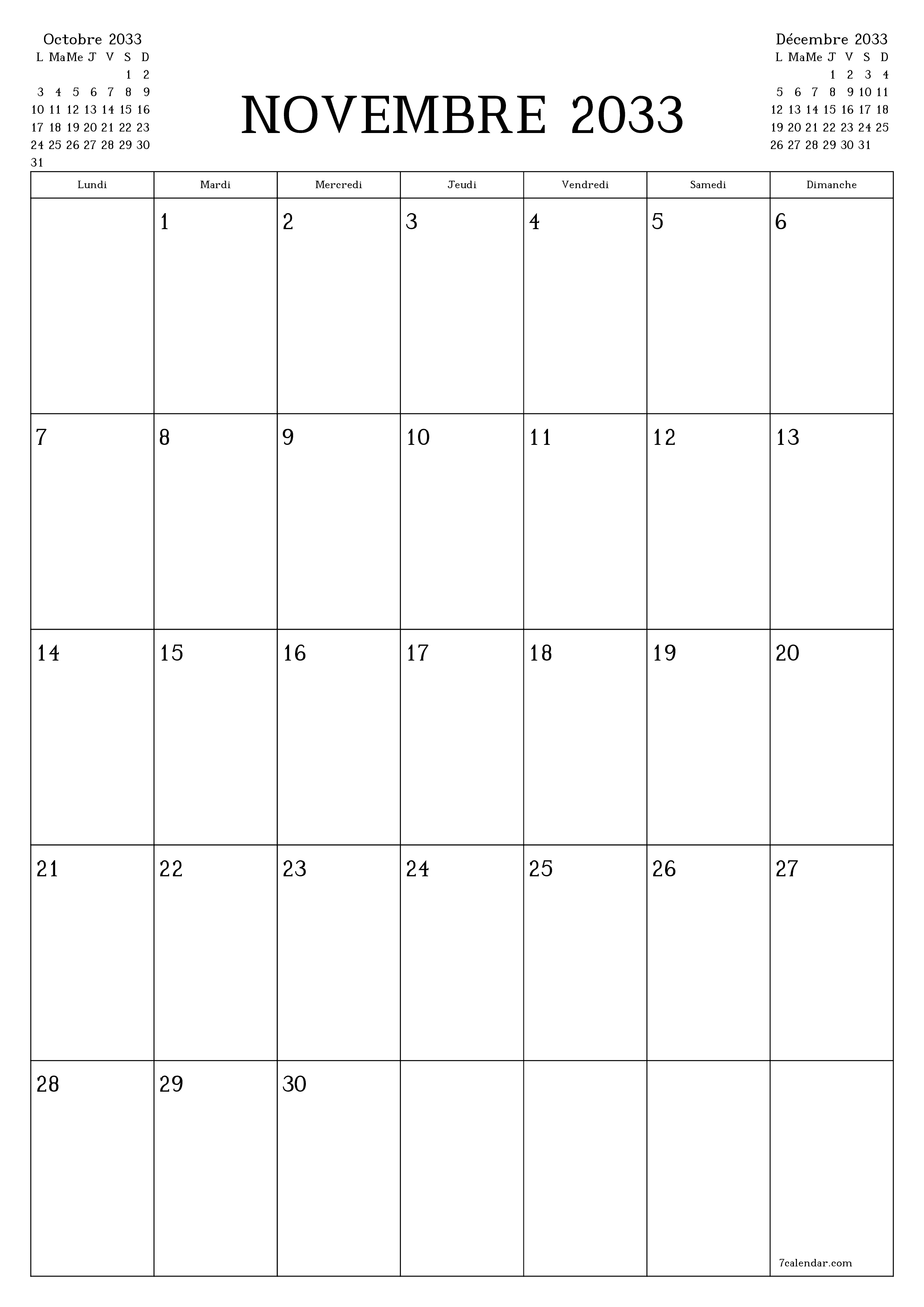  imprimable mural modèle de gratuitverticale Mensuel planificateur calendrier Novembre (Nov) 2033