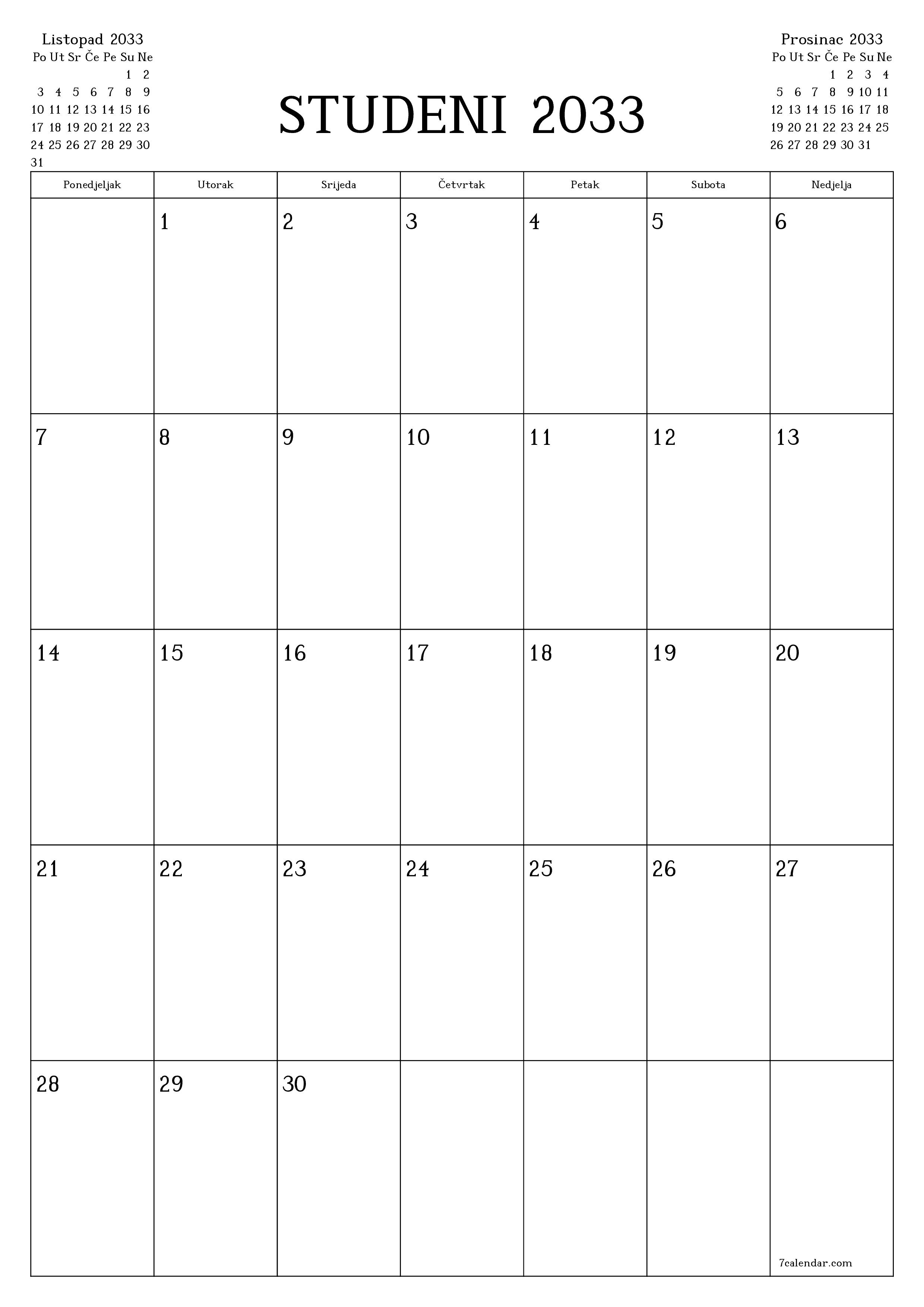  za ispis zidni predložak a besplatni okomito Mjesečni planer kalendar Studeni (Stu) 2033