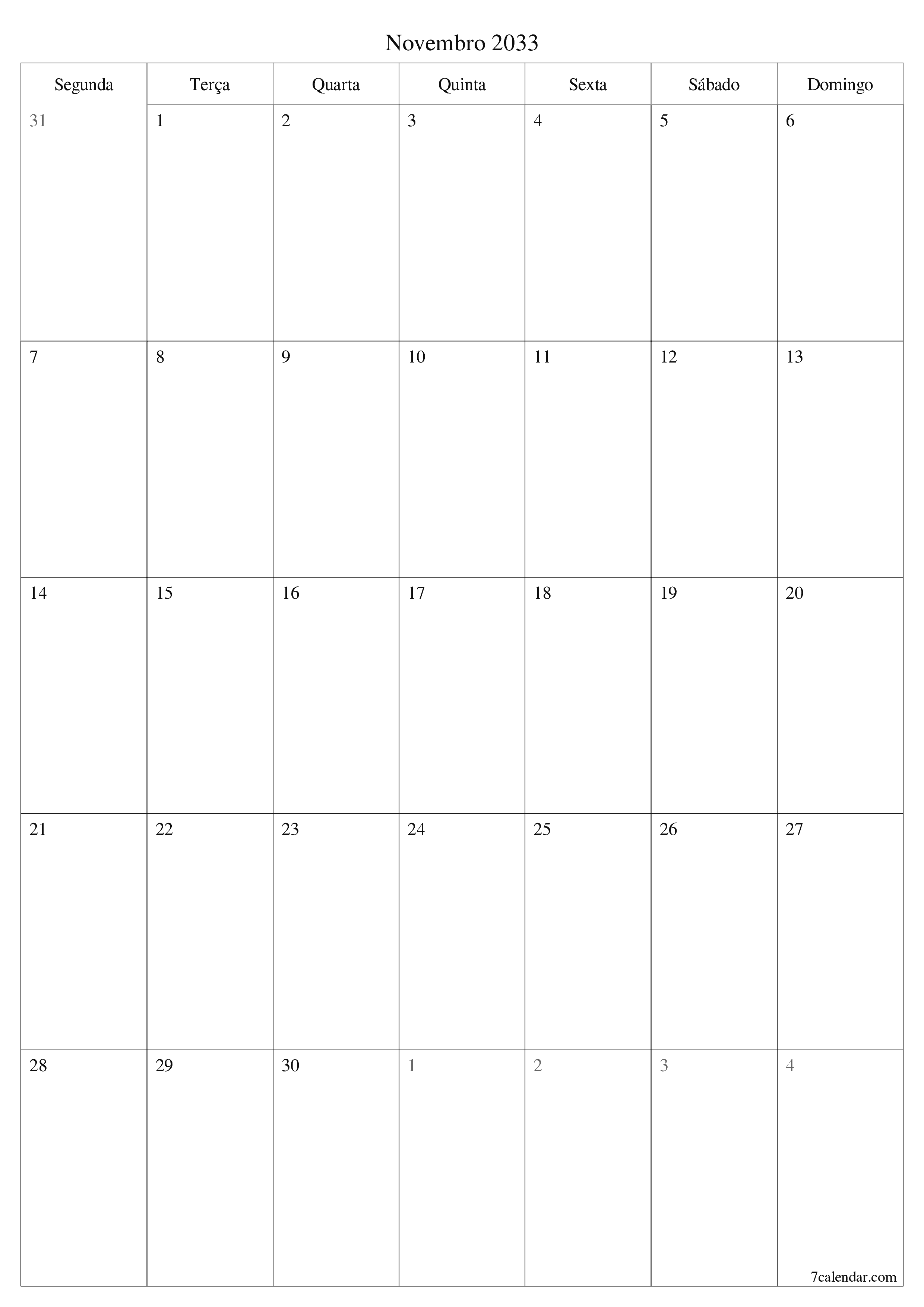  para impressão de parede modelo de grátisvertical Mensal planejador calendário Novembro (Nov) 2033