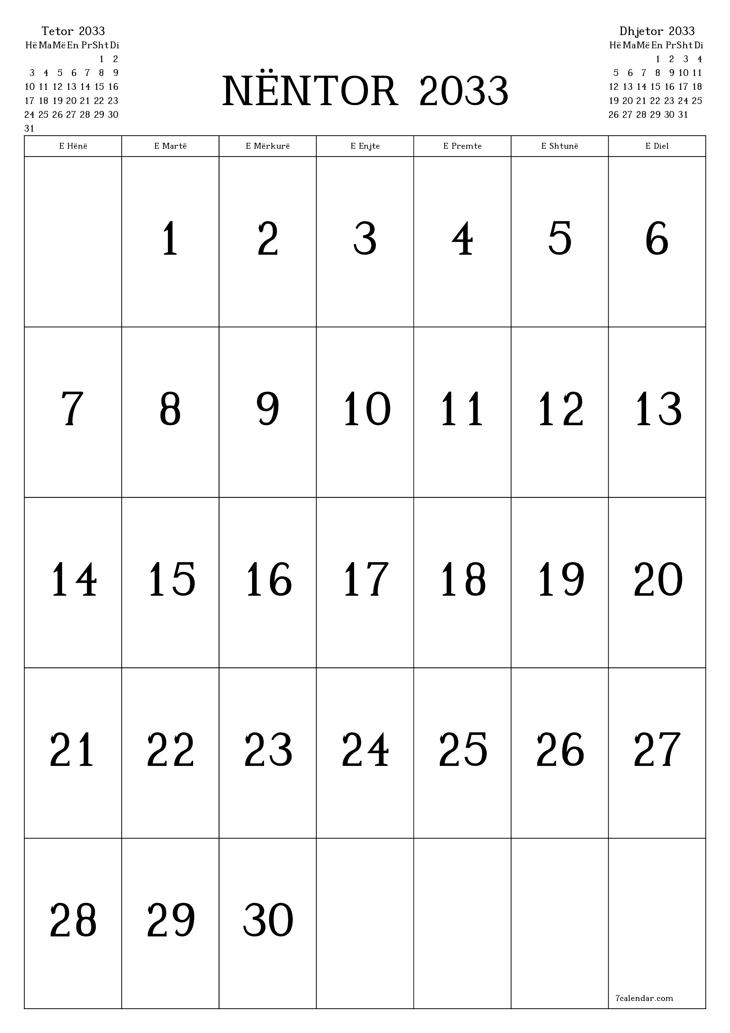  i printueshëm muri shabllon falasvertikale mujore kalendar Nëntor (Nën) 2033