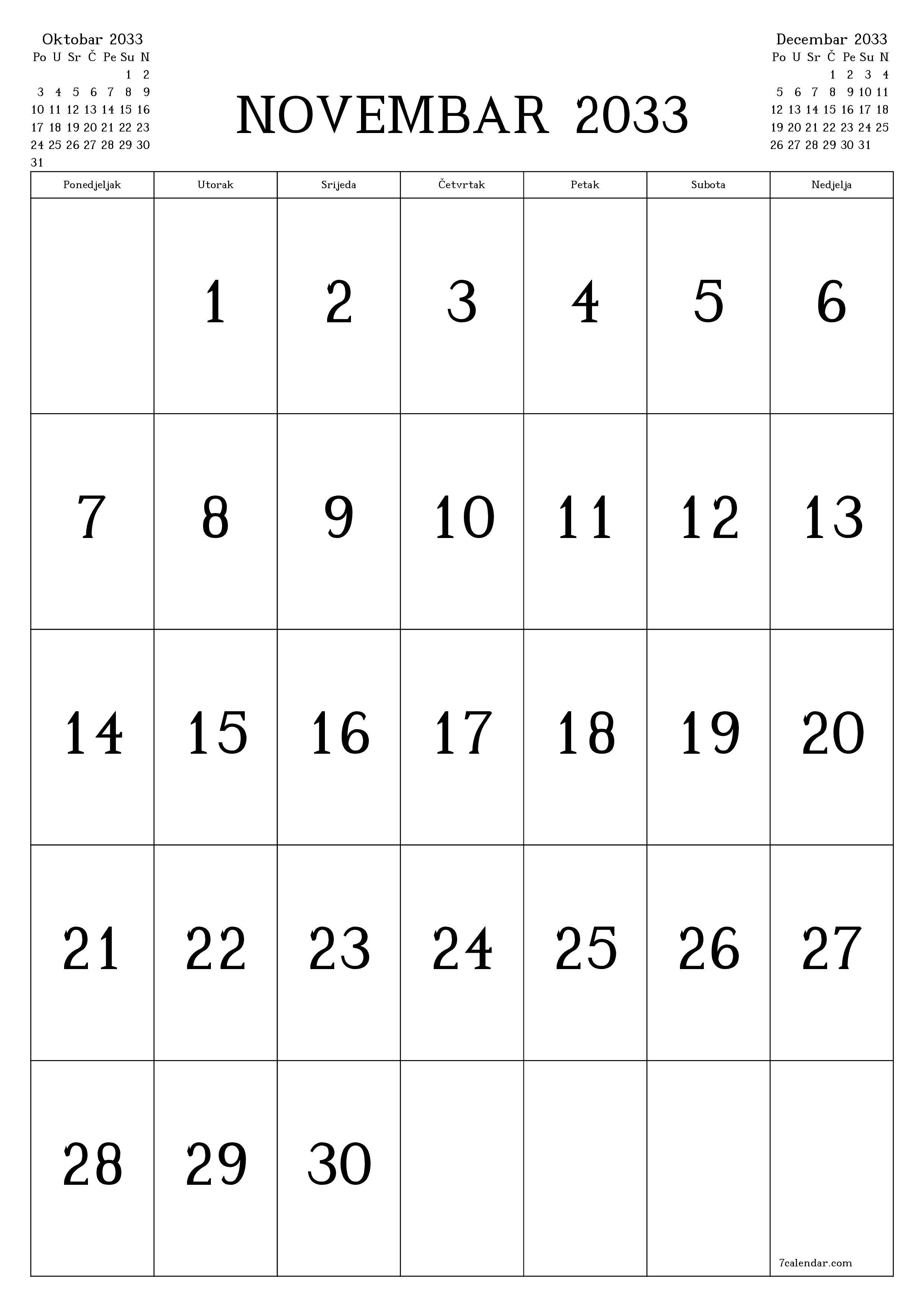  za štampanje zidni šablon a besplatni vertikalno Mjesečno kalendar Novembar (Nov) 2033