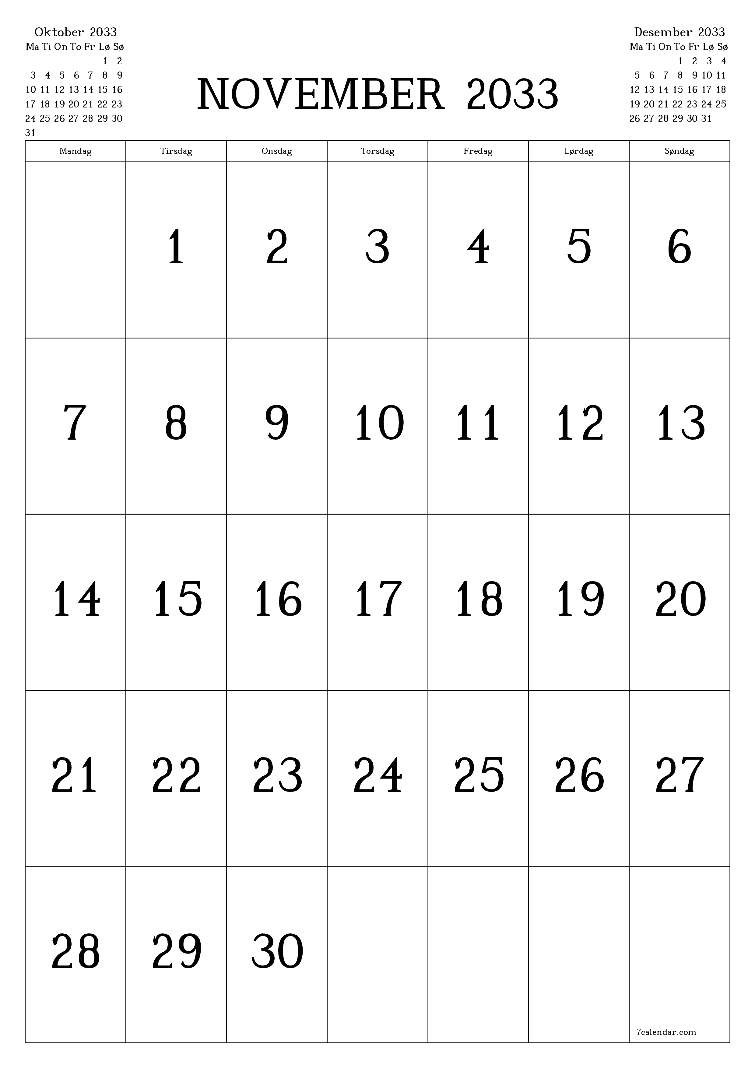 utskrivbar vegg mal gratis vertikal Månedlig kalender November (Nov) 2033