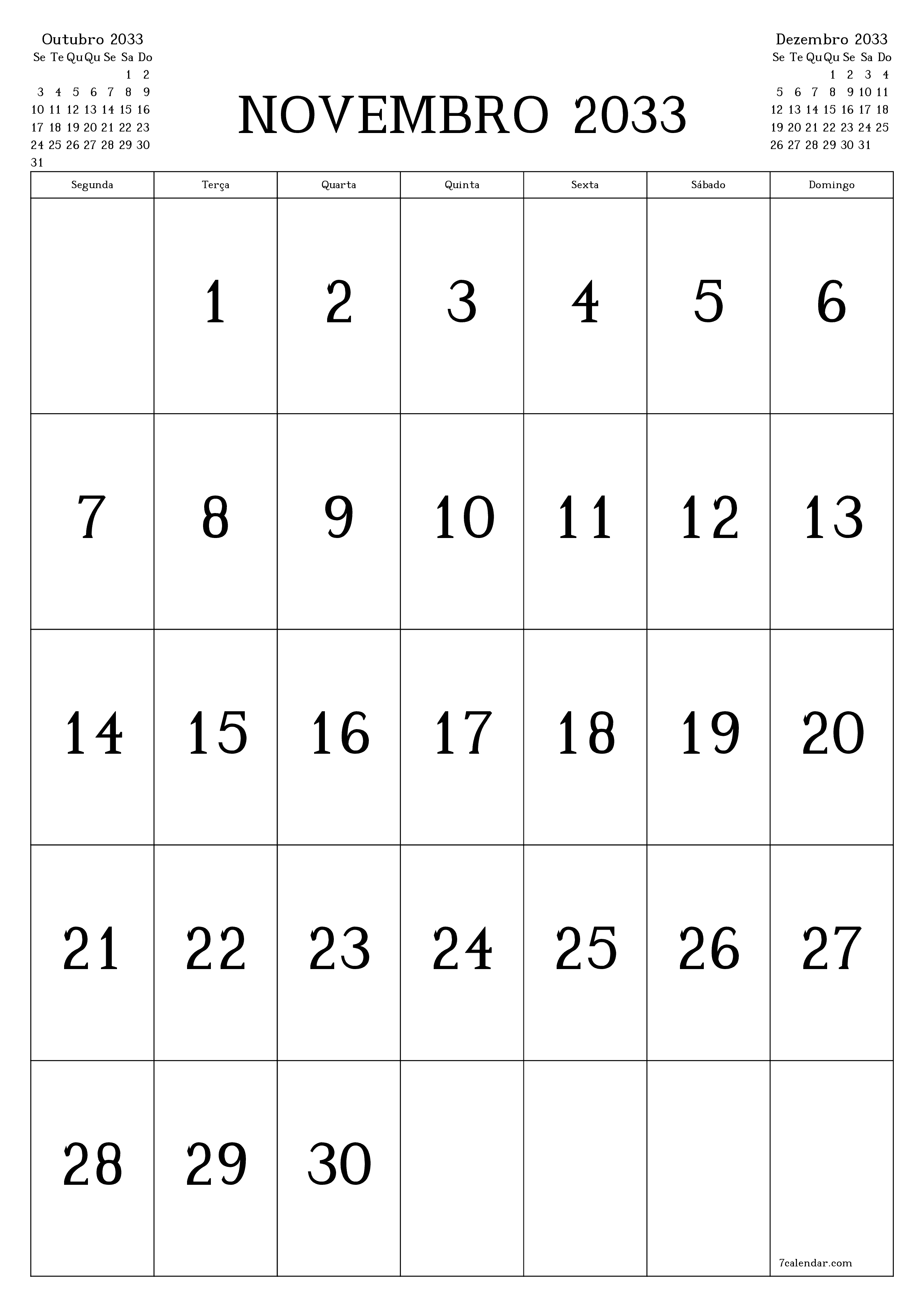  para impressão de parede modelo de grátisvertical Mensal calendário Novembro (Nov) 2033