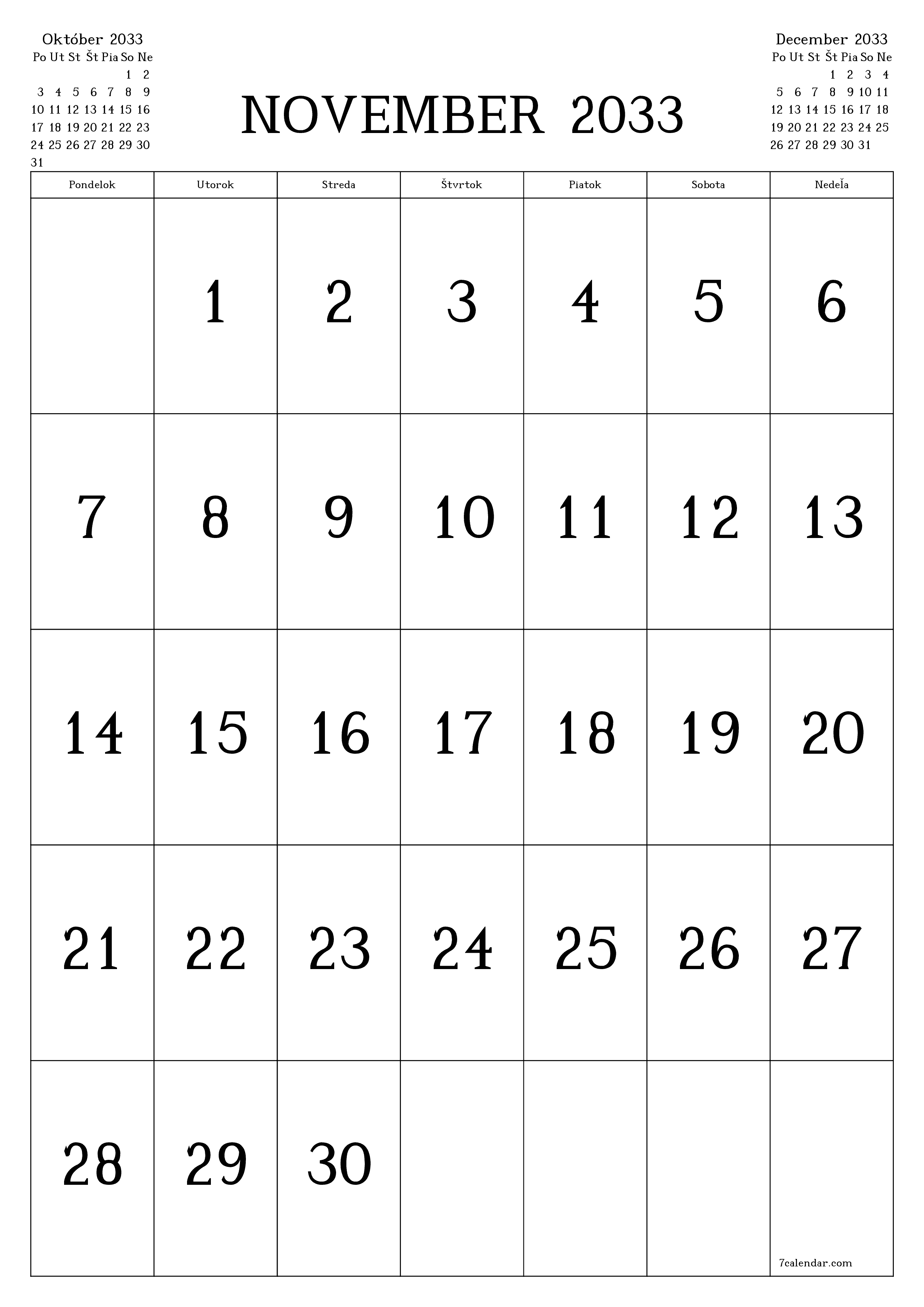 vytlačiteľný nástenný šablóna a bezplatný вертикальный Mesačne kalendár November (Nov) 2033