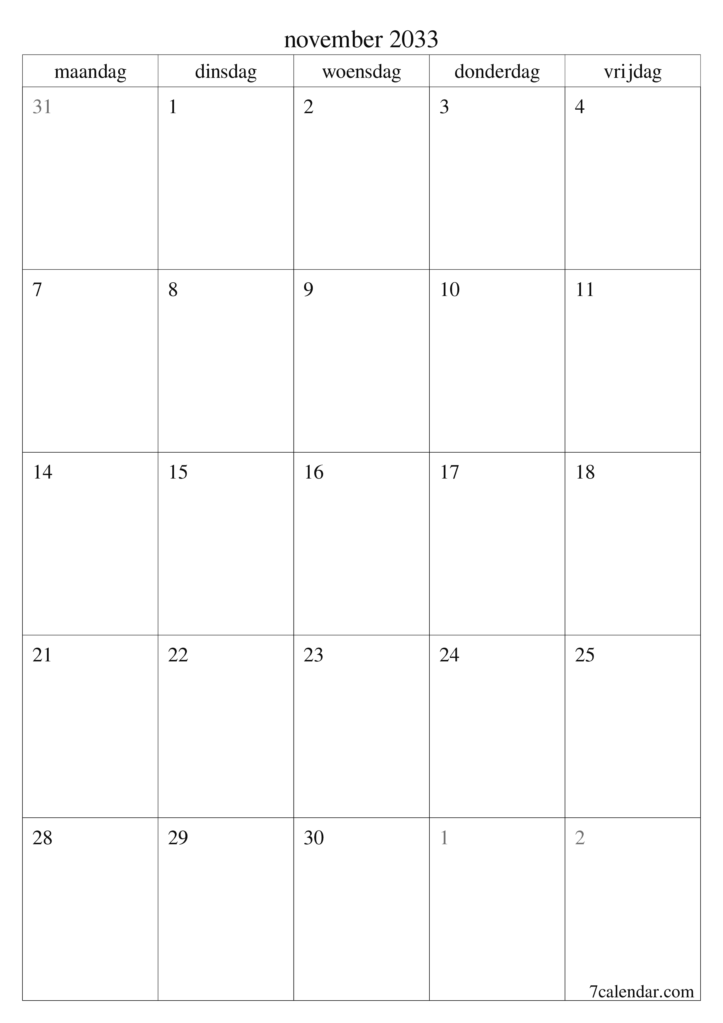 afdrukbare muur sjabloon gratis verticaal Maandelijks planner kalender november (nov) 2033