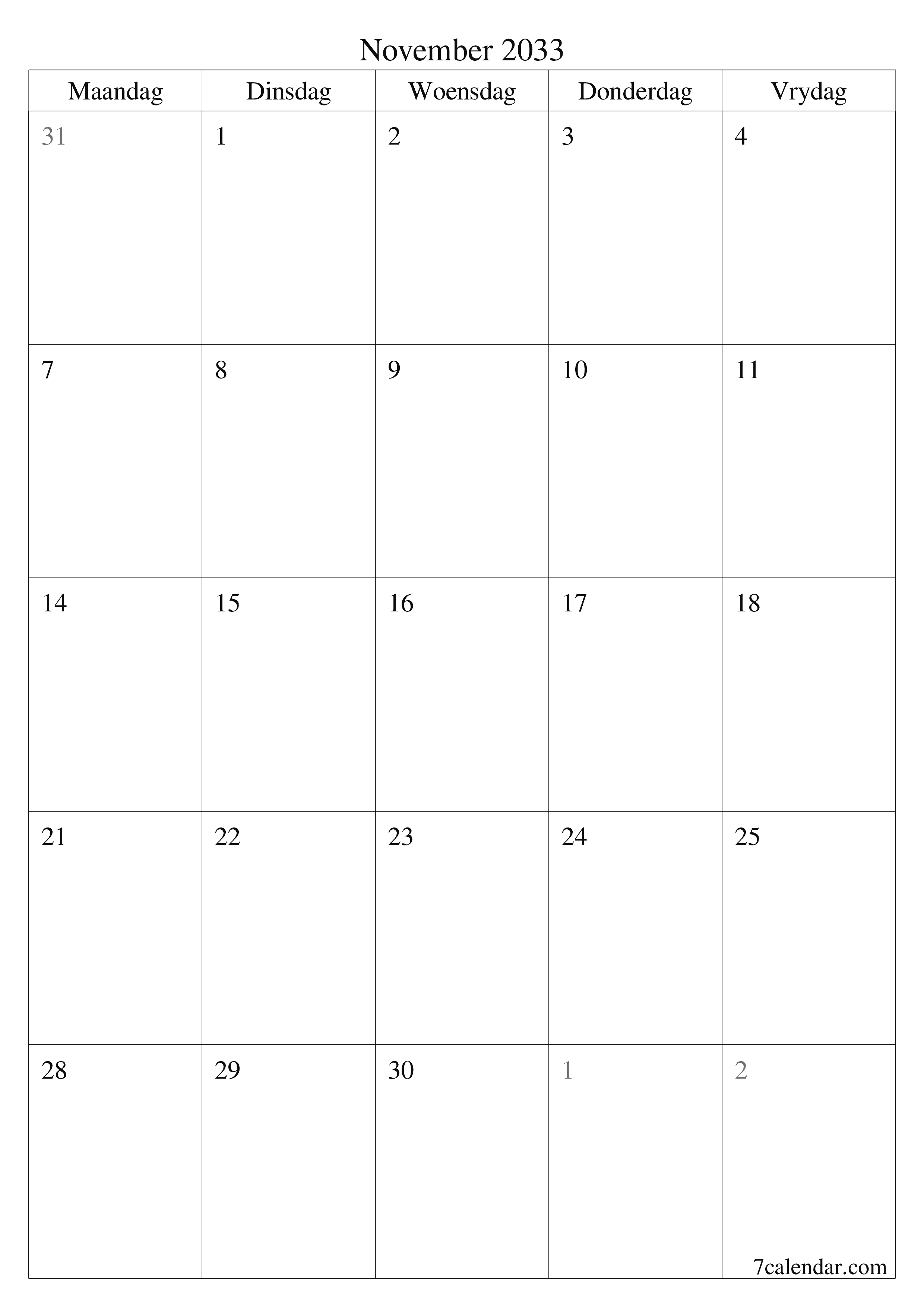drukbare muur template gratis vertikaal Maandeliks beplanner kalender November (Nov) 2033