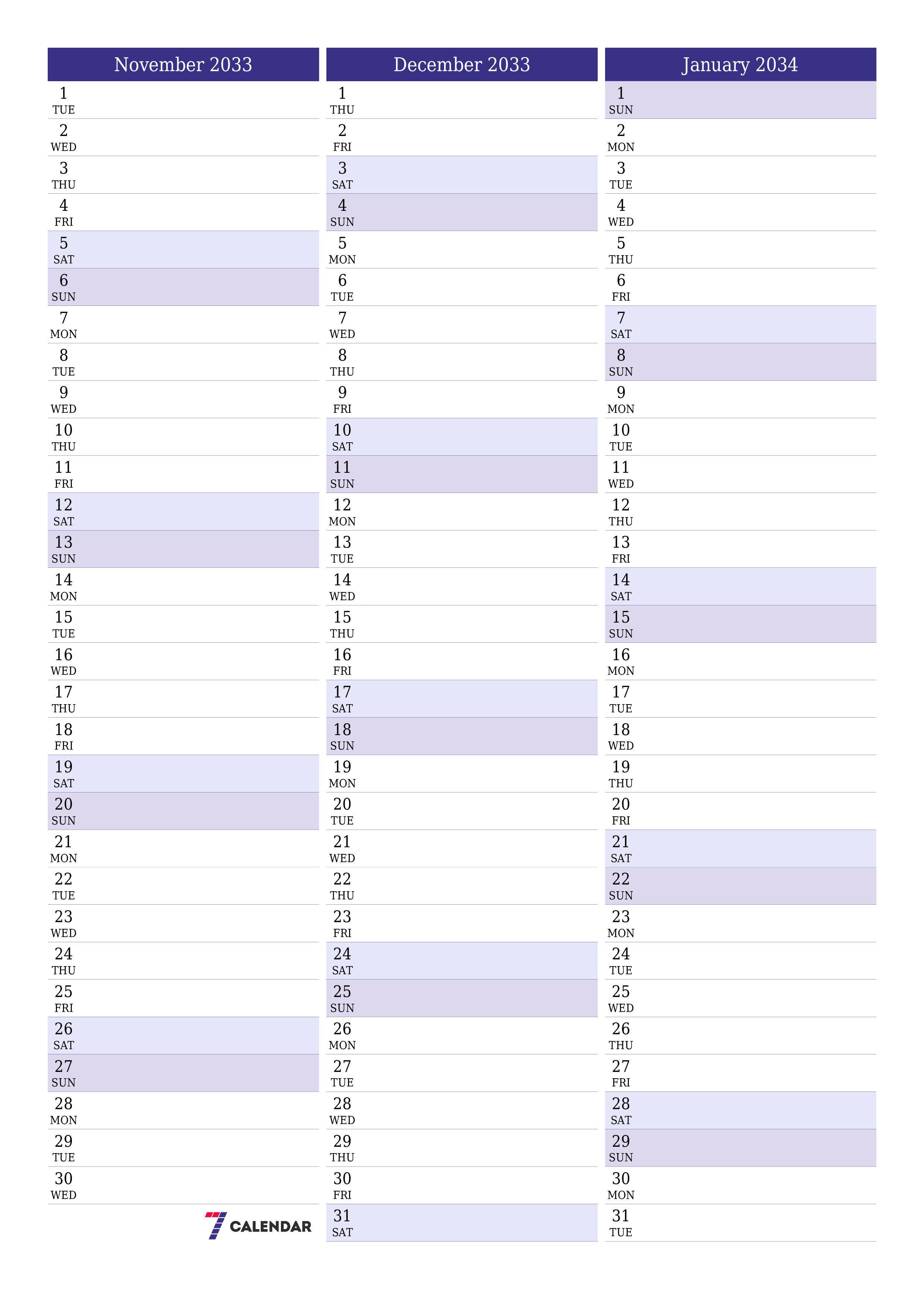 Blank calendar November 2033