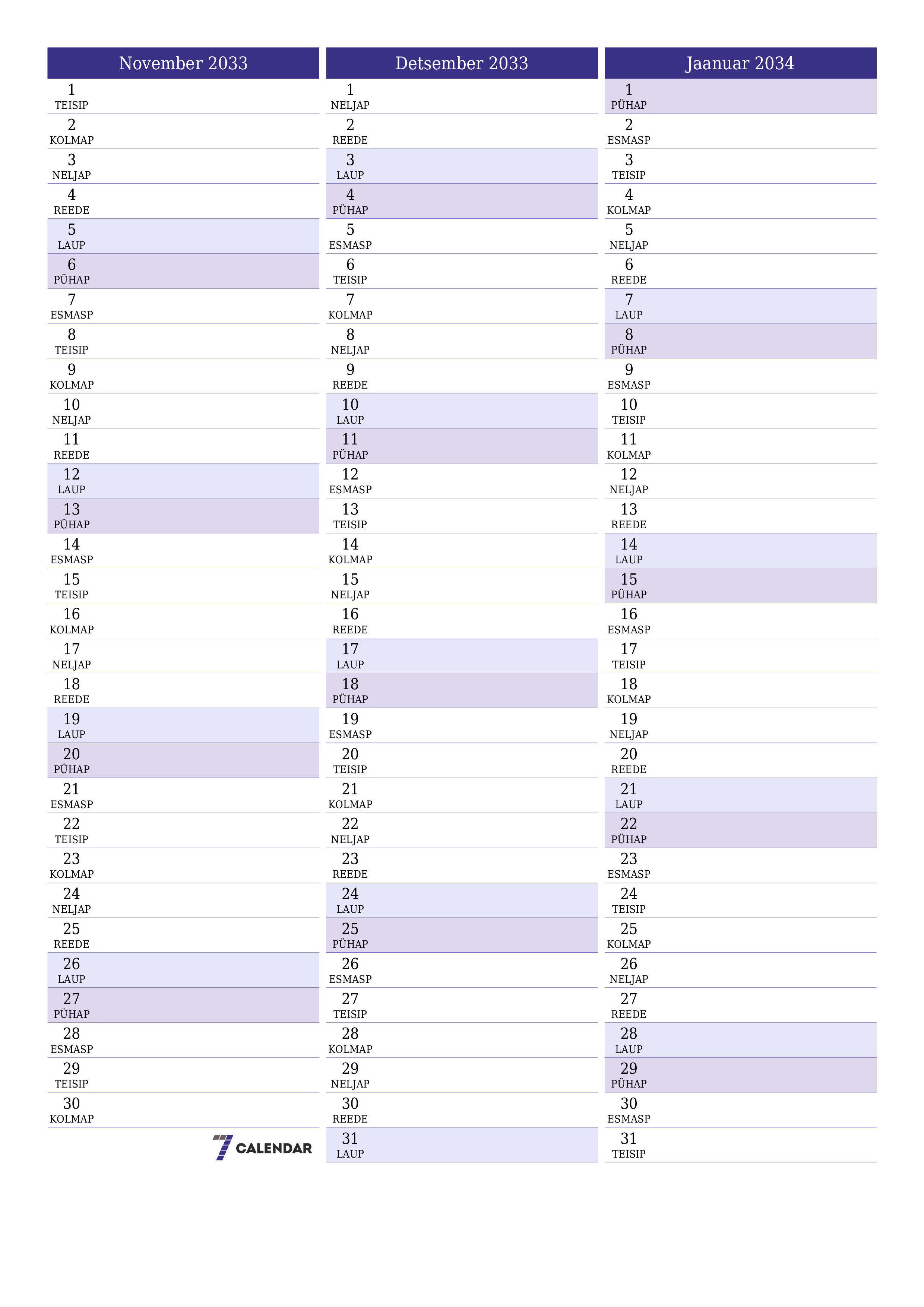 prinditav seina kalendri mall tasuta vertikaalne Igakuine planeerija kalender November (Nov) 2033