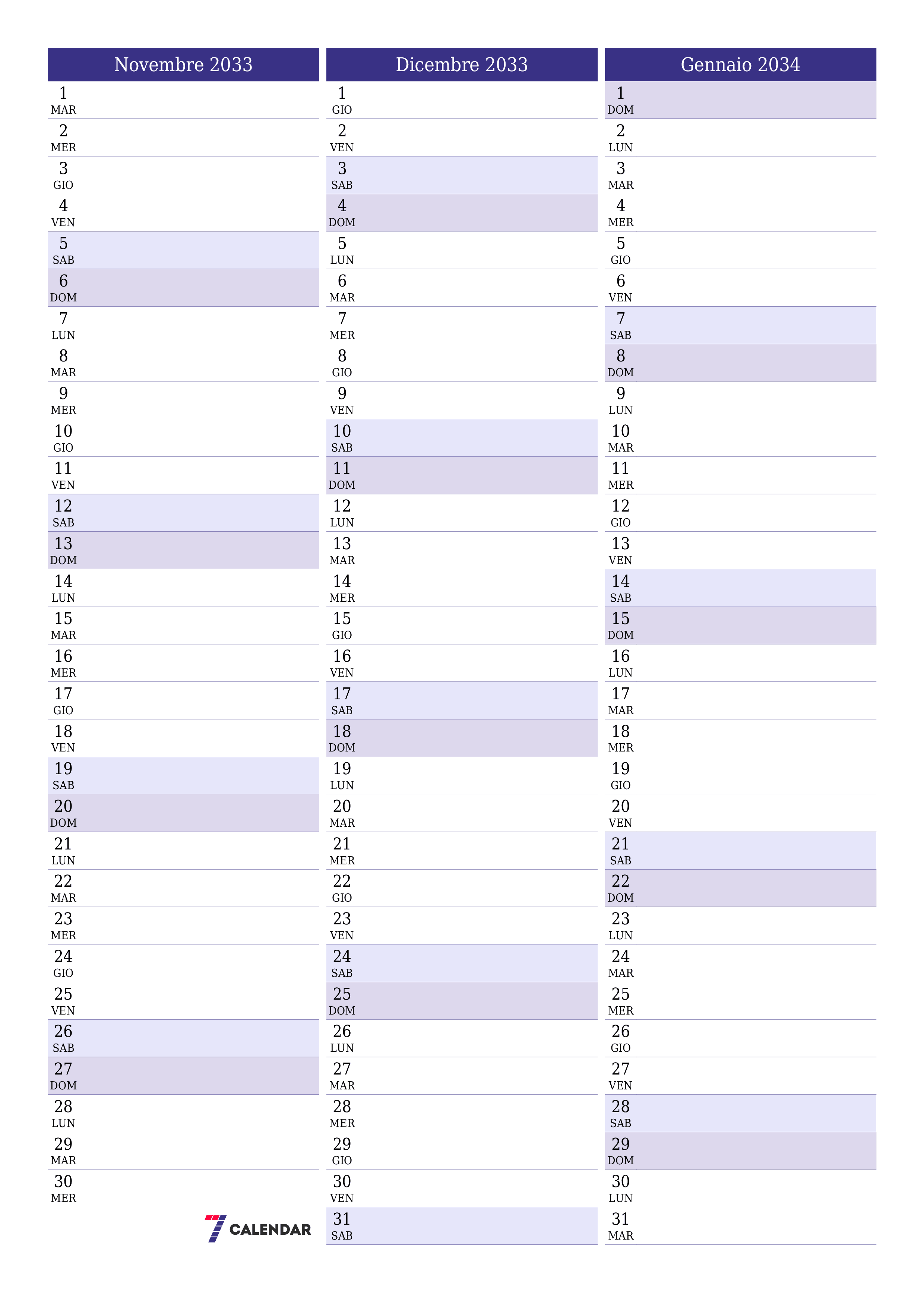 Pianificatore mensile vuoto per il mese Novembre 2033 con note, salva e stampa in PDF PNG Italian