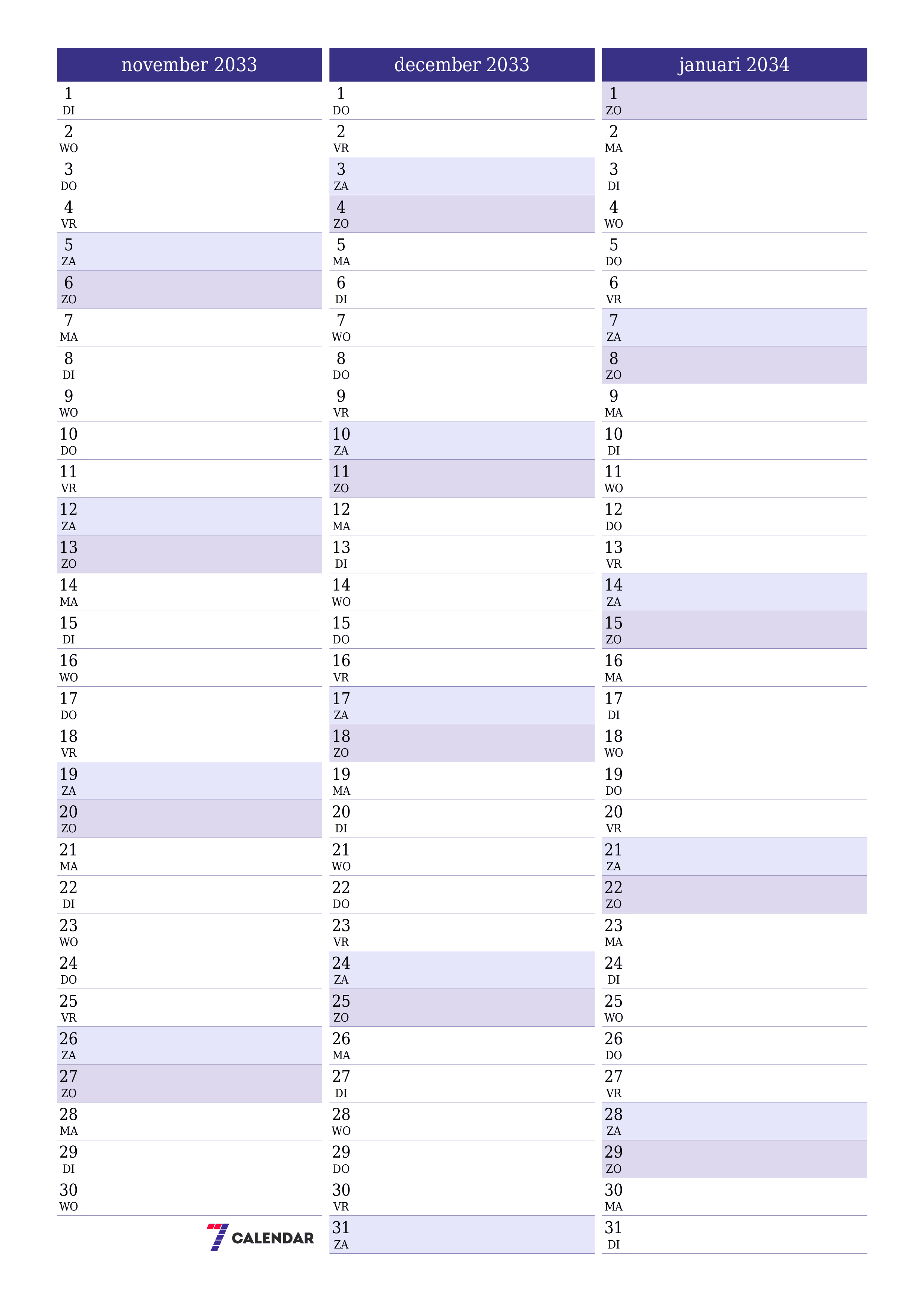 afdrukbare muur sjabloon gratis verticaal Maandelijks planner kalender november (nov) 2033