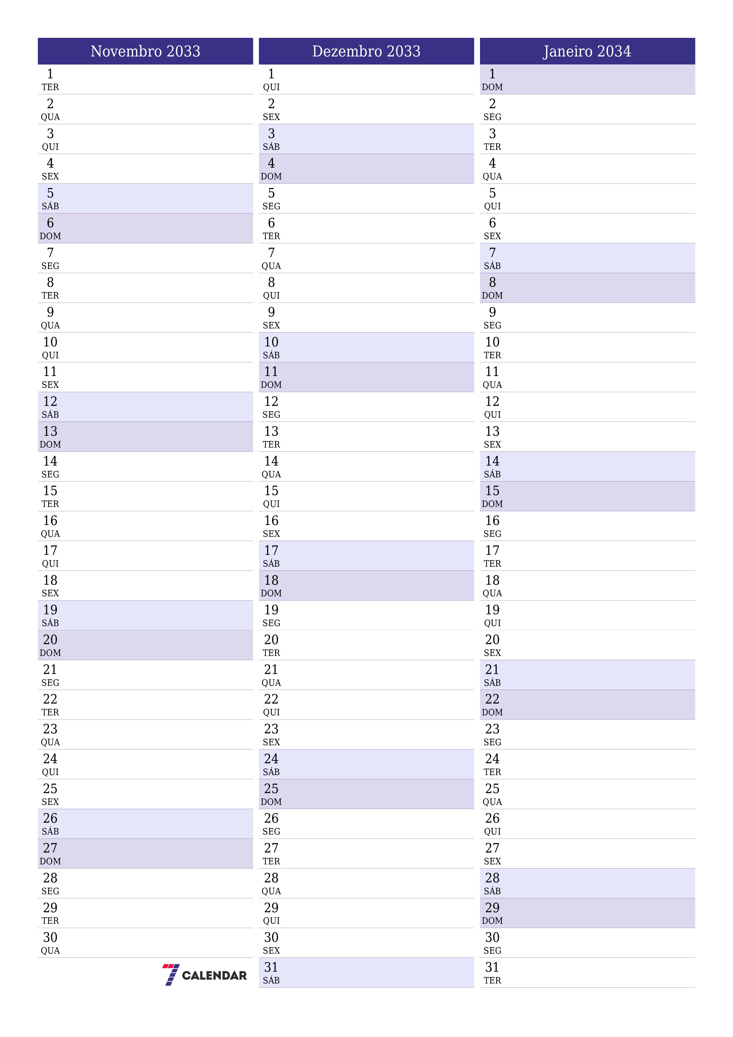  para impressão de parede modelo de grátisvertical Mensal planejador calendário Novembro (Nov) 2033