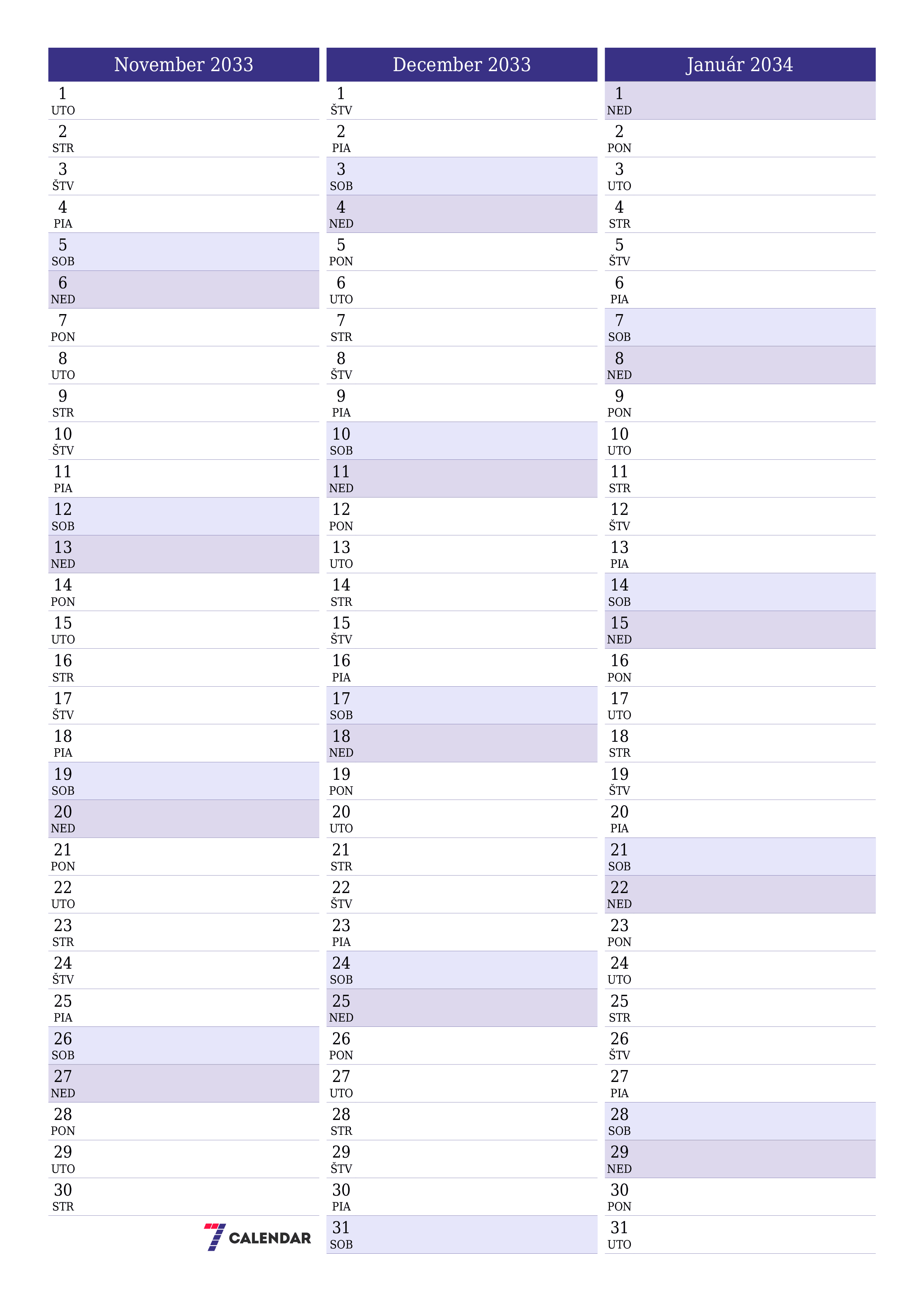 vytlačiteľný nástenný šablóna a bezplatný вертикальный Mesačne plánovač kalendár November (Nov) 2033