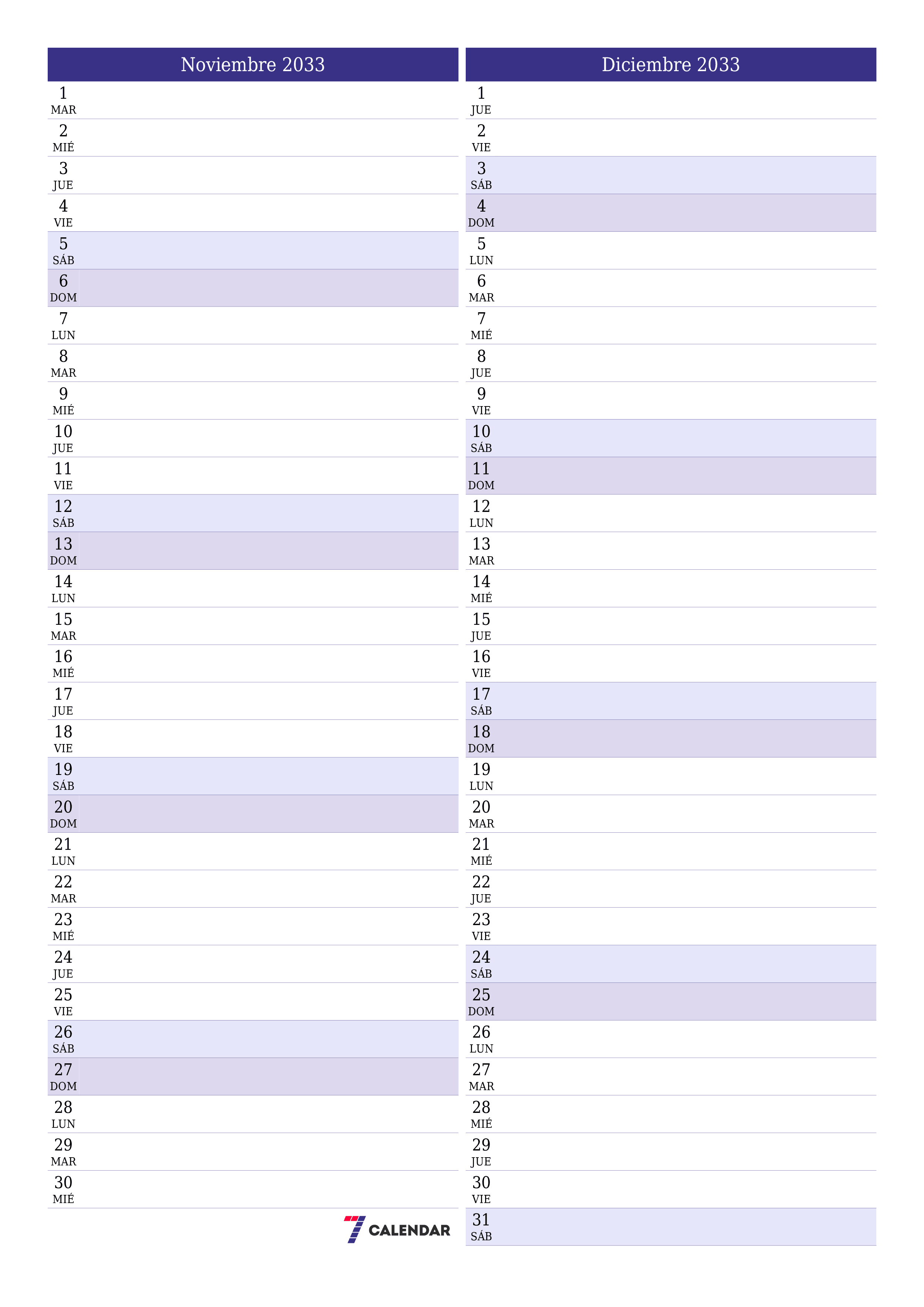  imprimible de pared plantilla de gratisvertical Mensual planificador calendario Noviembre (Nov) 2033