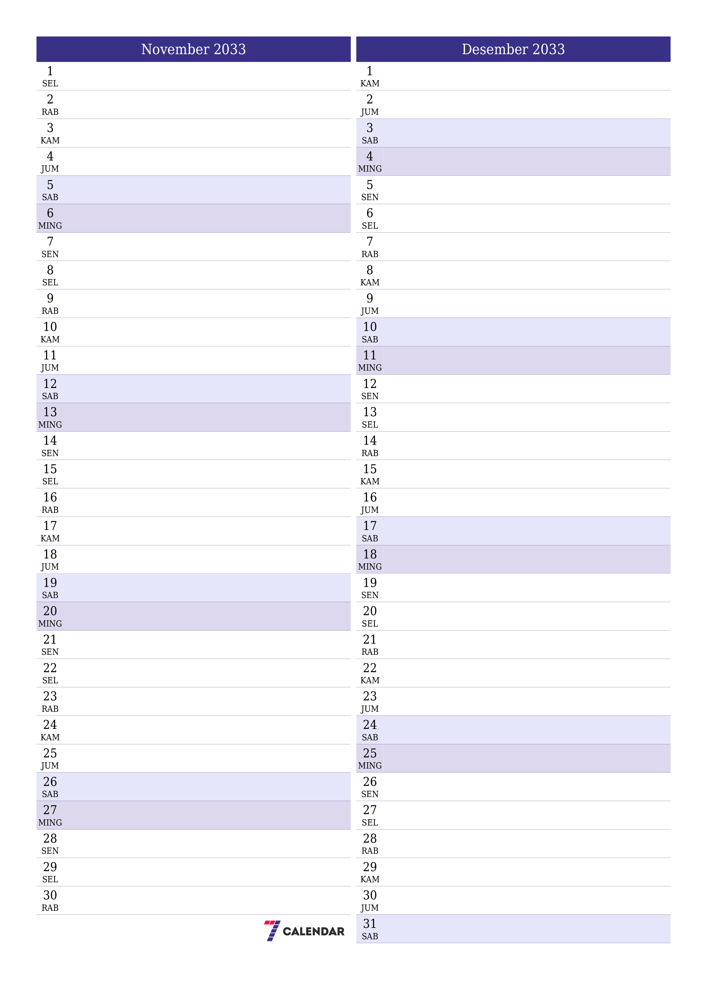  yang dapat dicetak dinding templat gratisvertikal Bulanan perencana kalender November (Nov) 2033