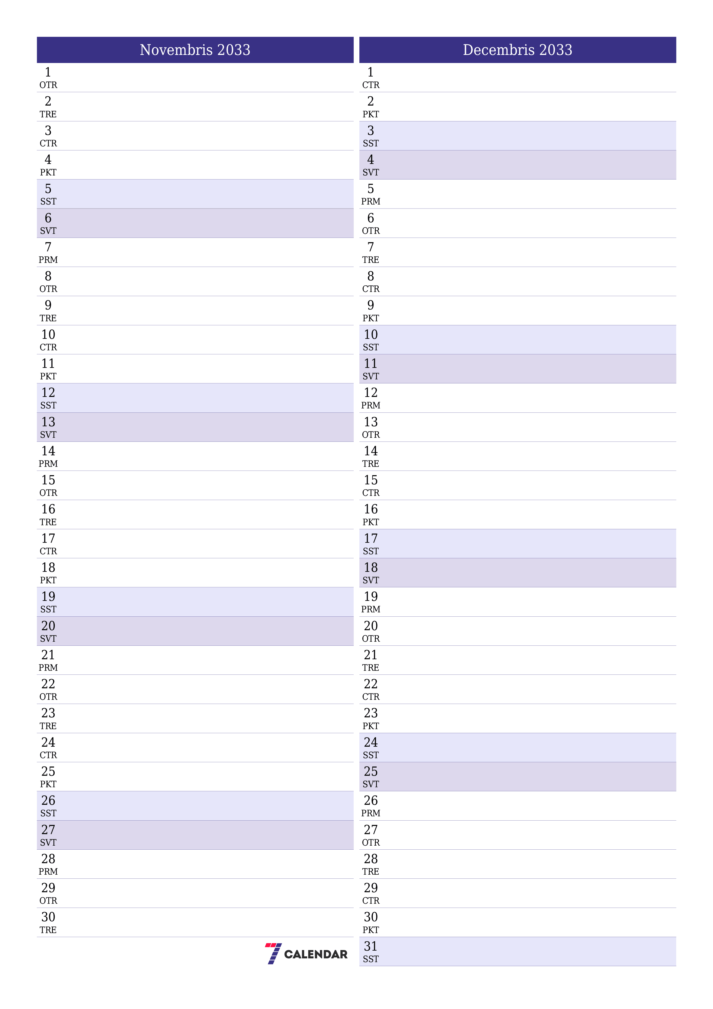 izdrukājams sienas kalendāra veidne bezmaksas vertikāli Mēneša plānotājs kalendārs Novembris (Nov) 2033