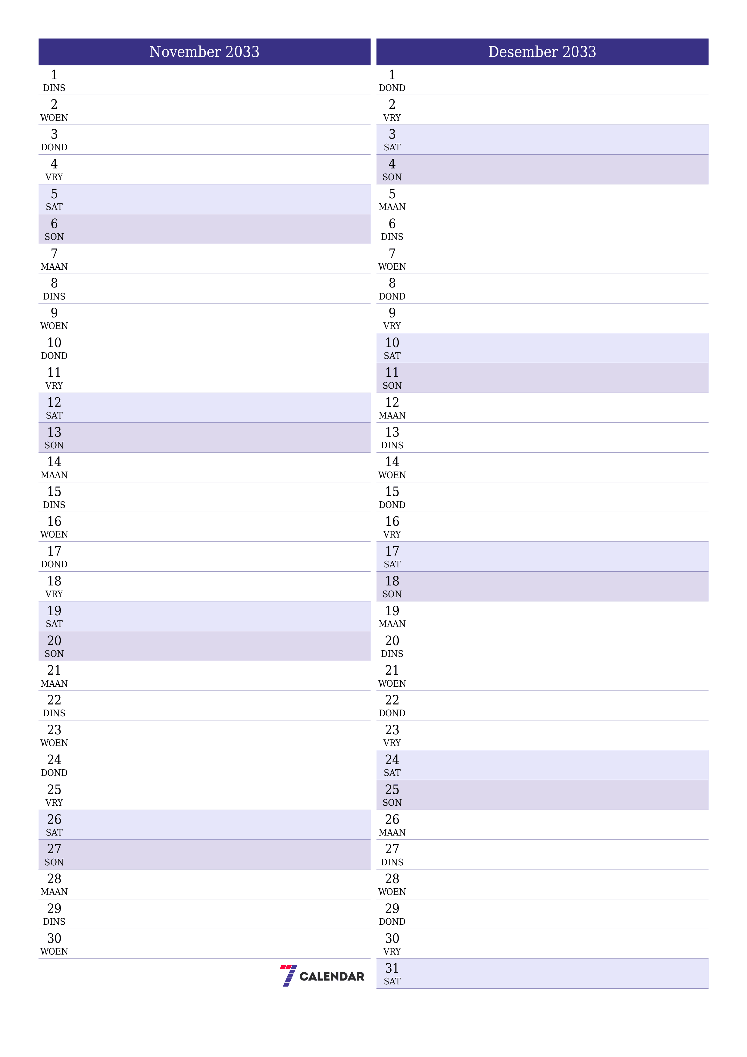 drukbare muur template gratis vertikaal Maandeliks beplanner kalender November (Nov) 2033
