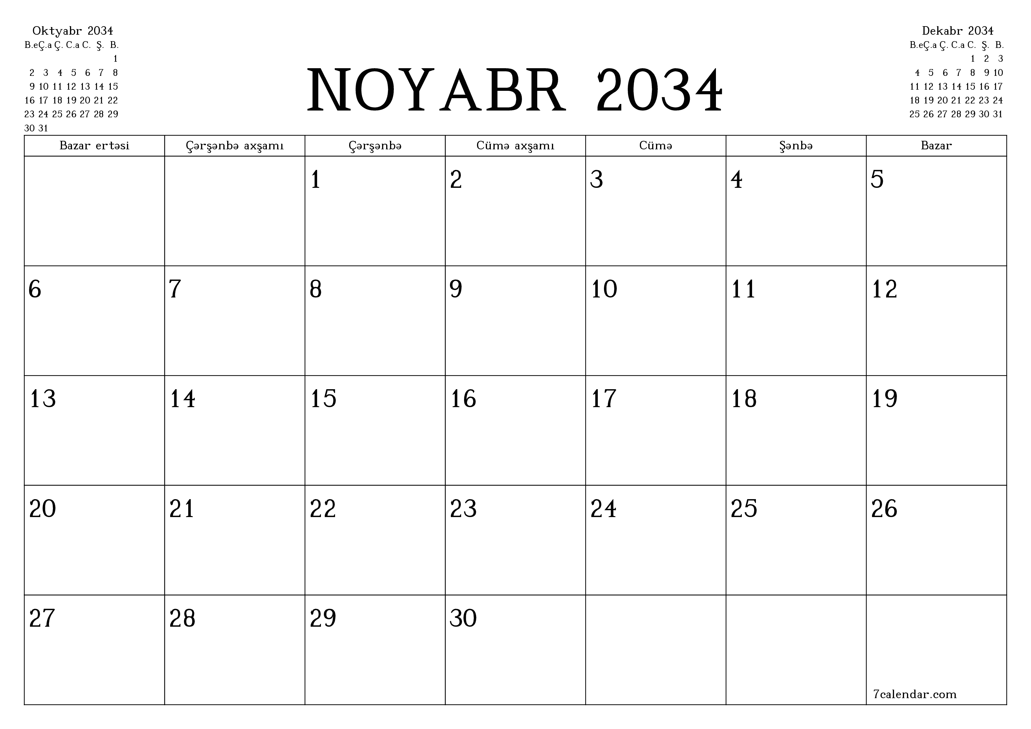Noyabr 2034 ayı üçün qeydlər ilə boş aylıq planlayıcı, qeyd edin və PDF-ə yazdırın PNG Azerbaijani