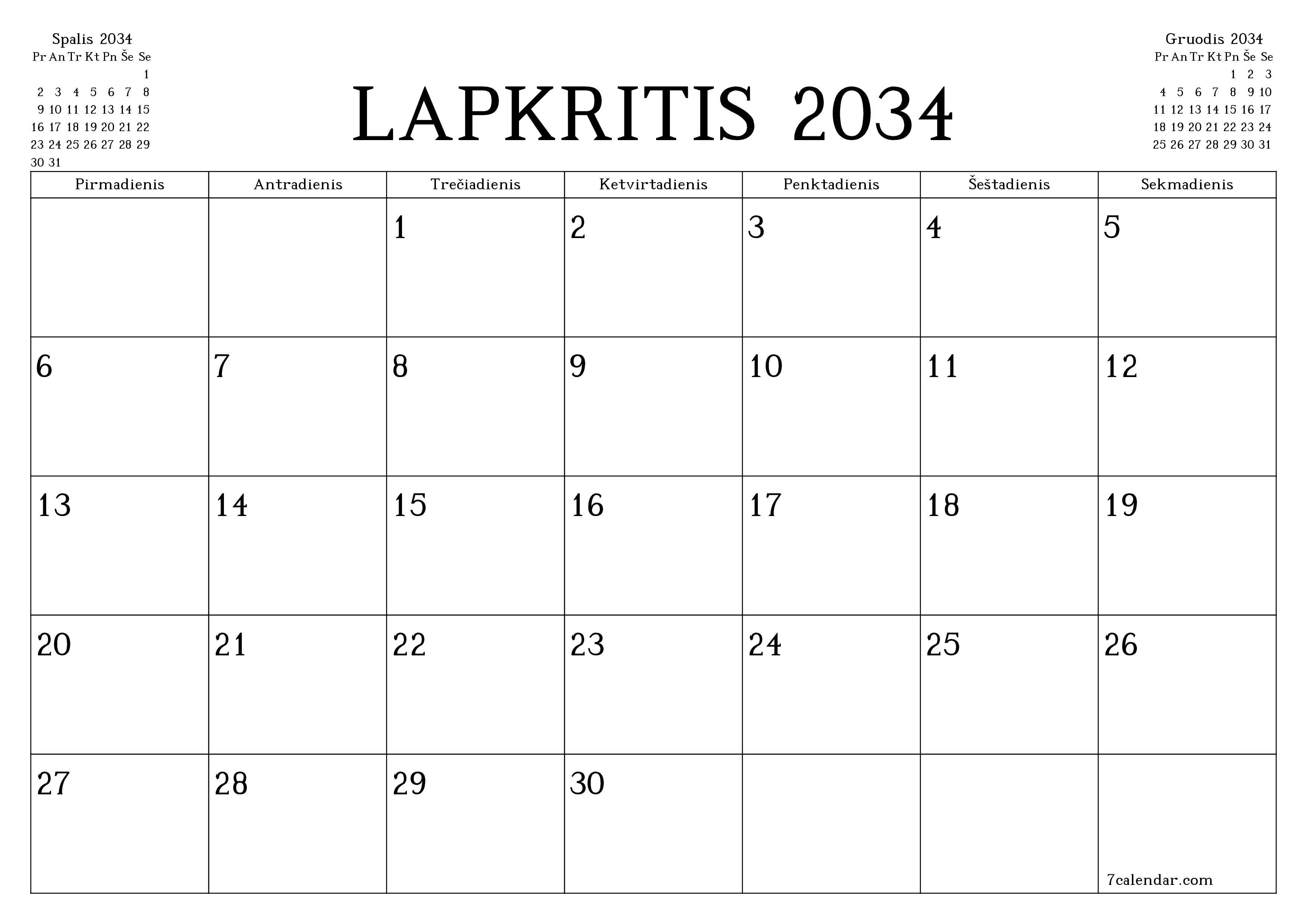 Ištuštinti mėnesio Lapkritis 2034 mėnesio planavimo priemonę su užrašais, išsaugoti ir atsispausdinti PDF formate PNG Lithuanian