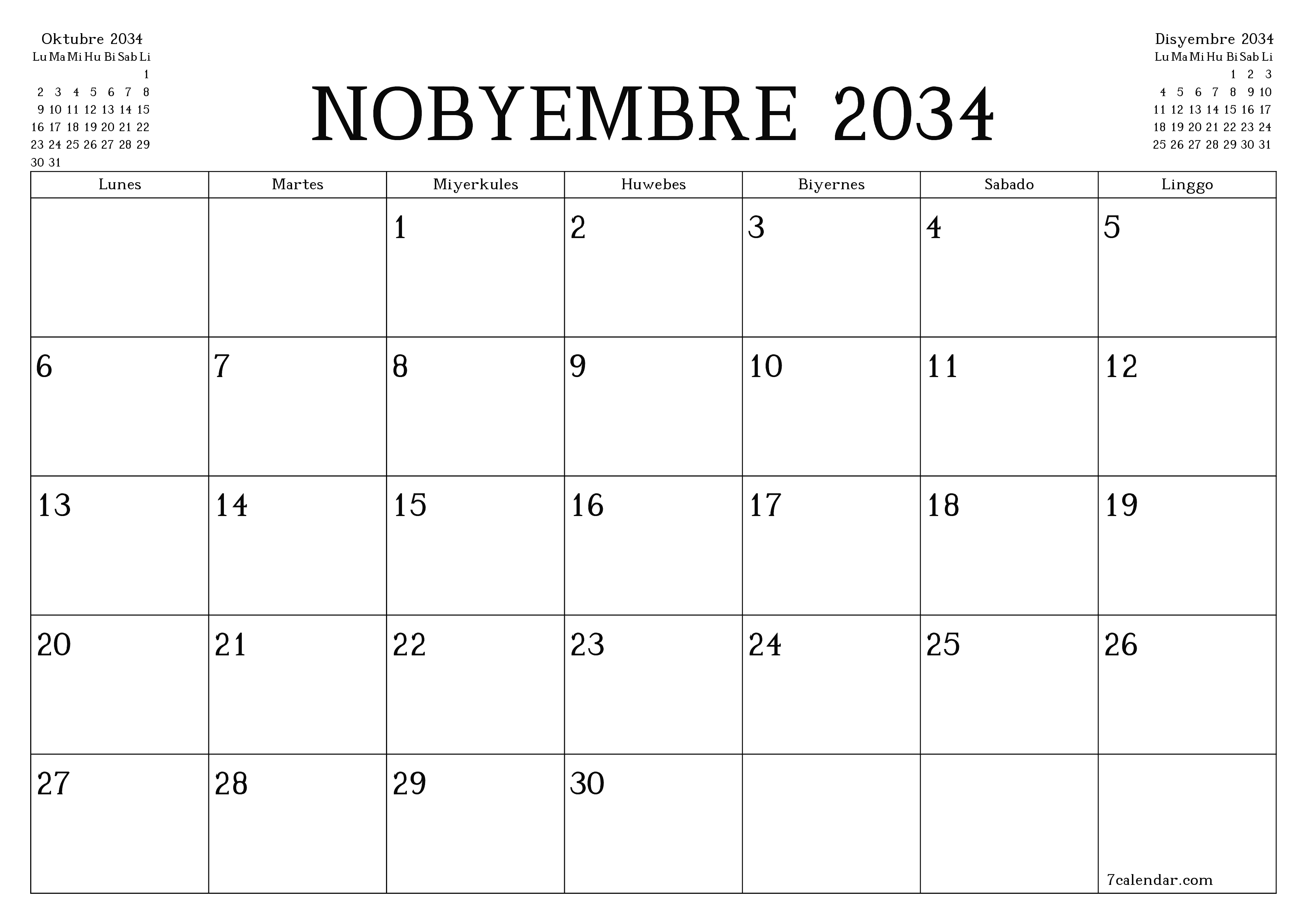 Walang laman na buwanang tagaplano para sa buwan na Nobyembre 2034 na may mga tala, i-save at i-print sa PDF PNG Filipino