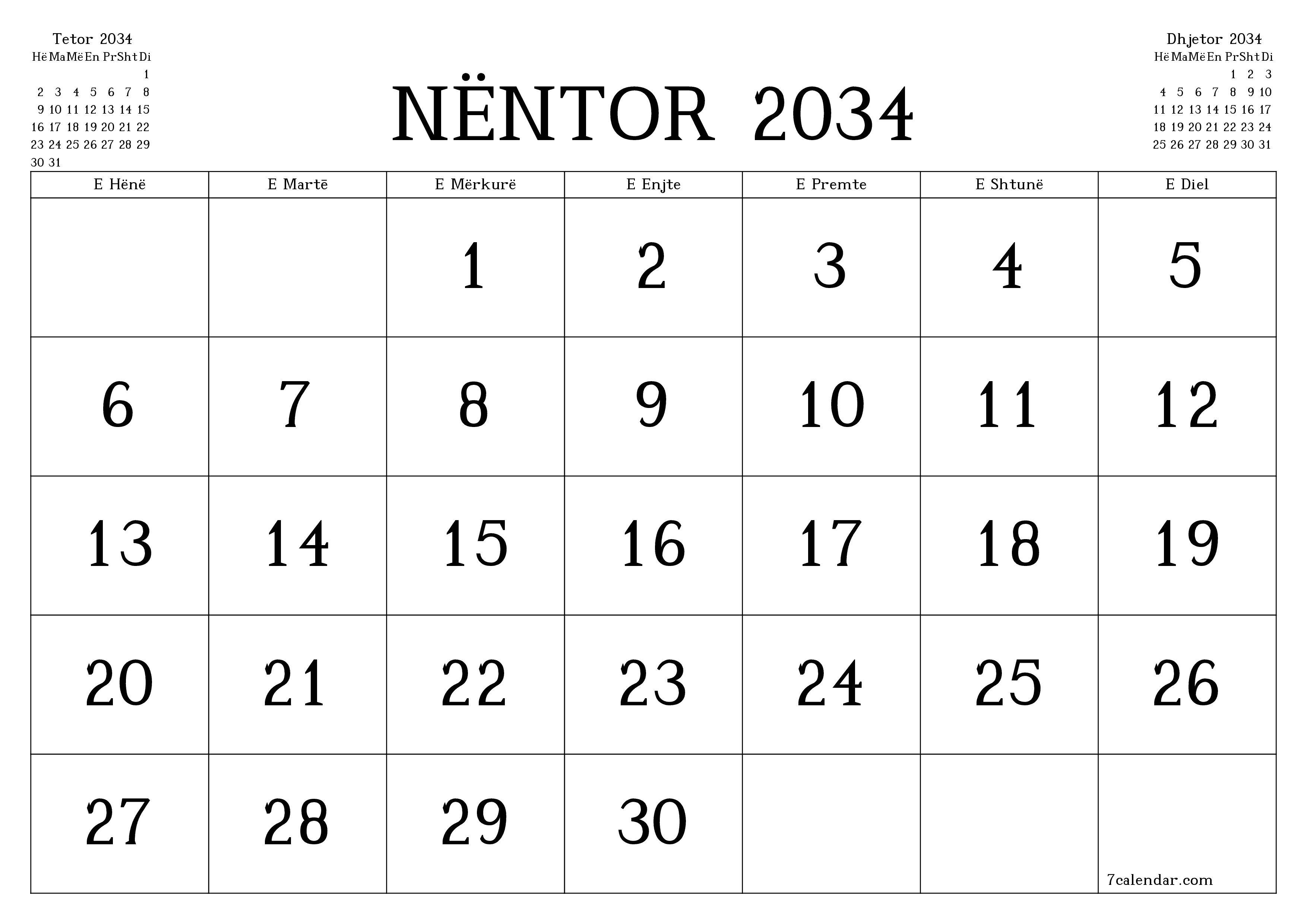 Planifikuesi i zbrazët i kalendarit mujor për muajin Nëntor 2034 me shënime të ruajtura dhe të printuara në PDF PNG Albanian