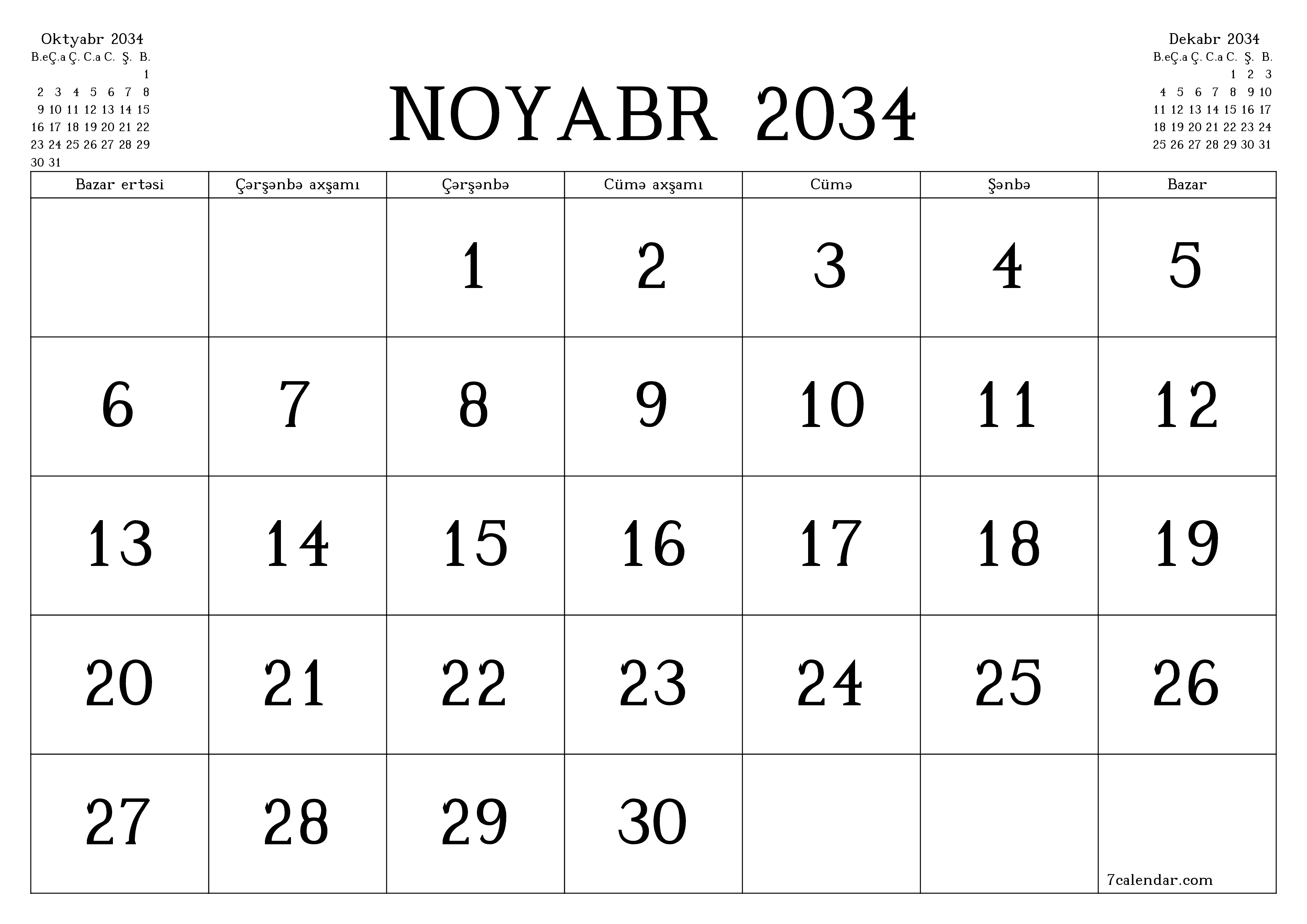 Noyabr 2034 ayı üçün qeydlər ilə boş aylıq planlayıcı, qeyd edin və PDF-ə yazdırın PNG Azerbaijani