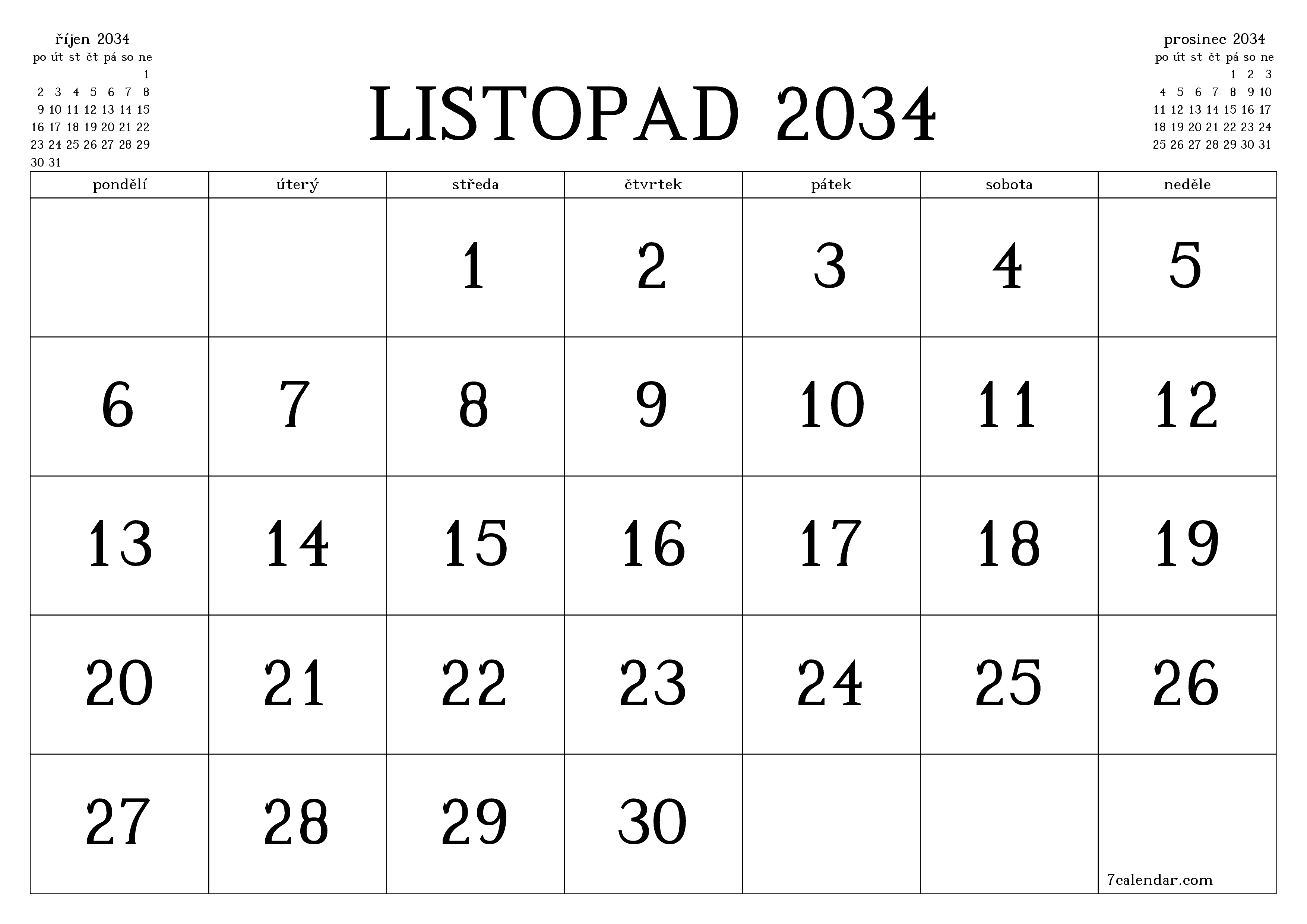 Vyprázdnit měsíční plánovač na měsíc listopad 2034 s poznámkami, uložit a vytisknout do PDF PNG Czech