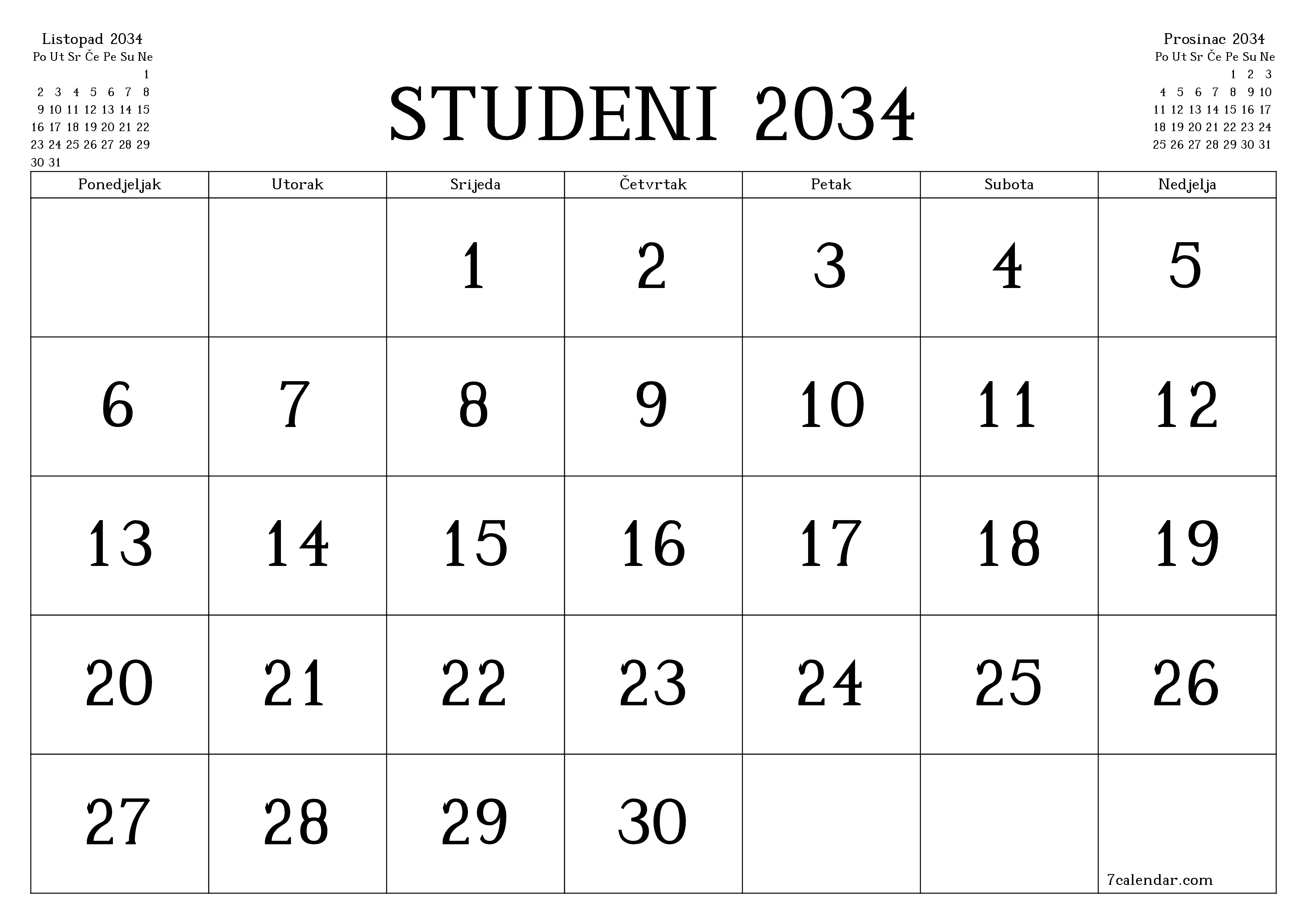 Ispraznite mjesečni planer za mjesec Studeni 2034 s bilješkama, spremite i ispišite u PDF PNG Croatian