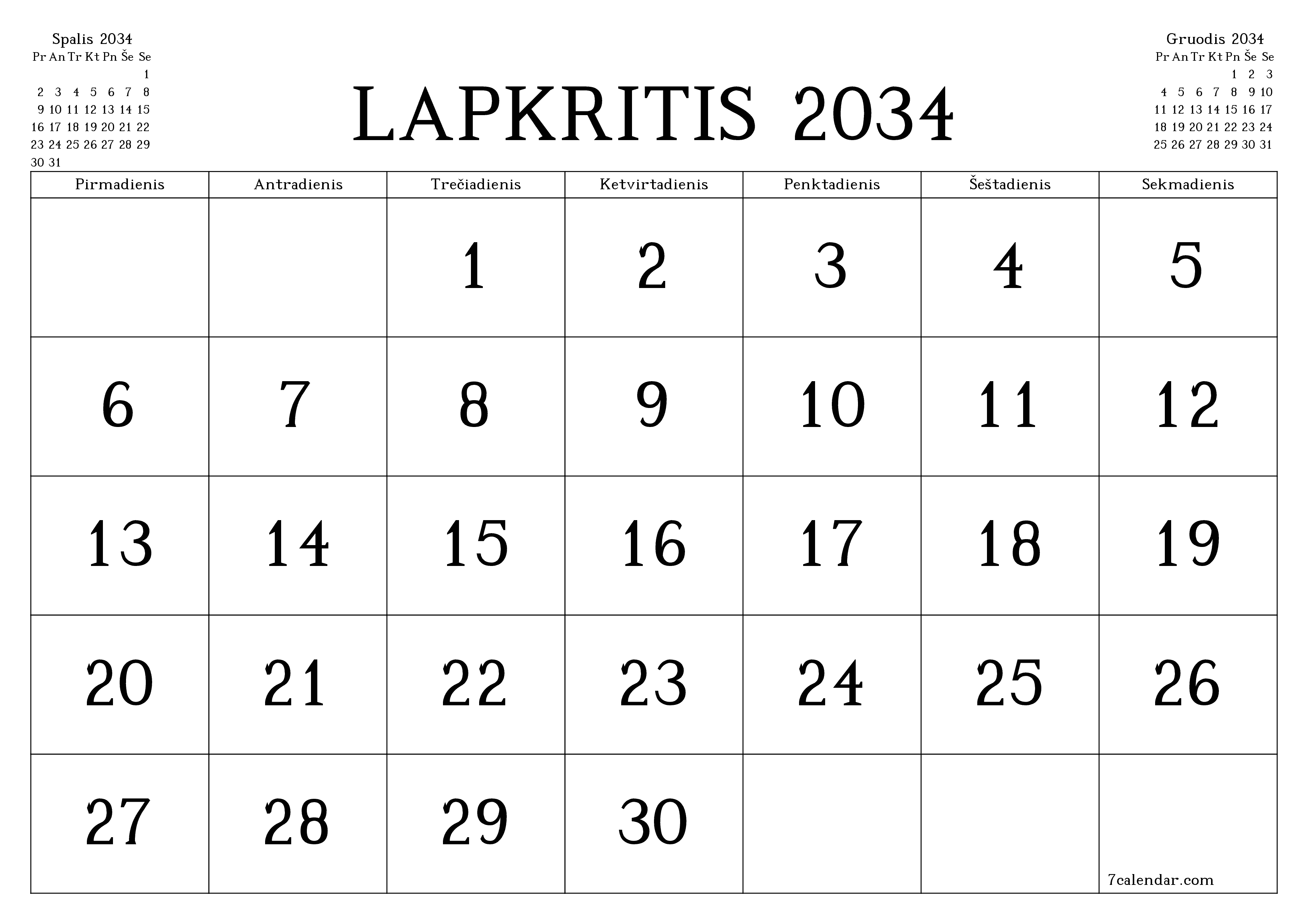 Ištuštinti mėnesio Lapkritis 2034 mėnesio planavimo priemonę su užrašais, išsaugoti ir atsispausdinti PDF formate PNG Lithuanian