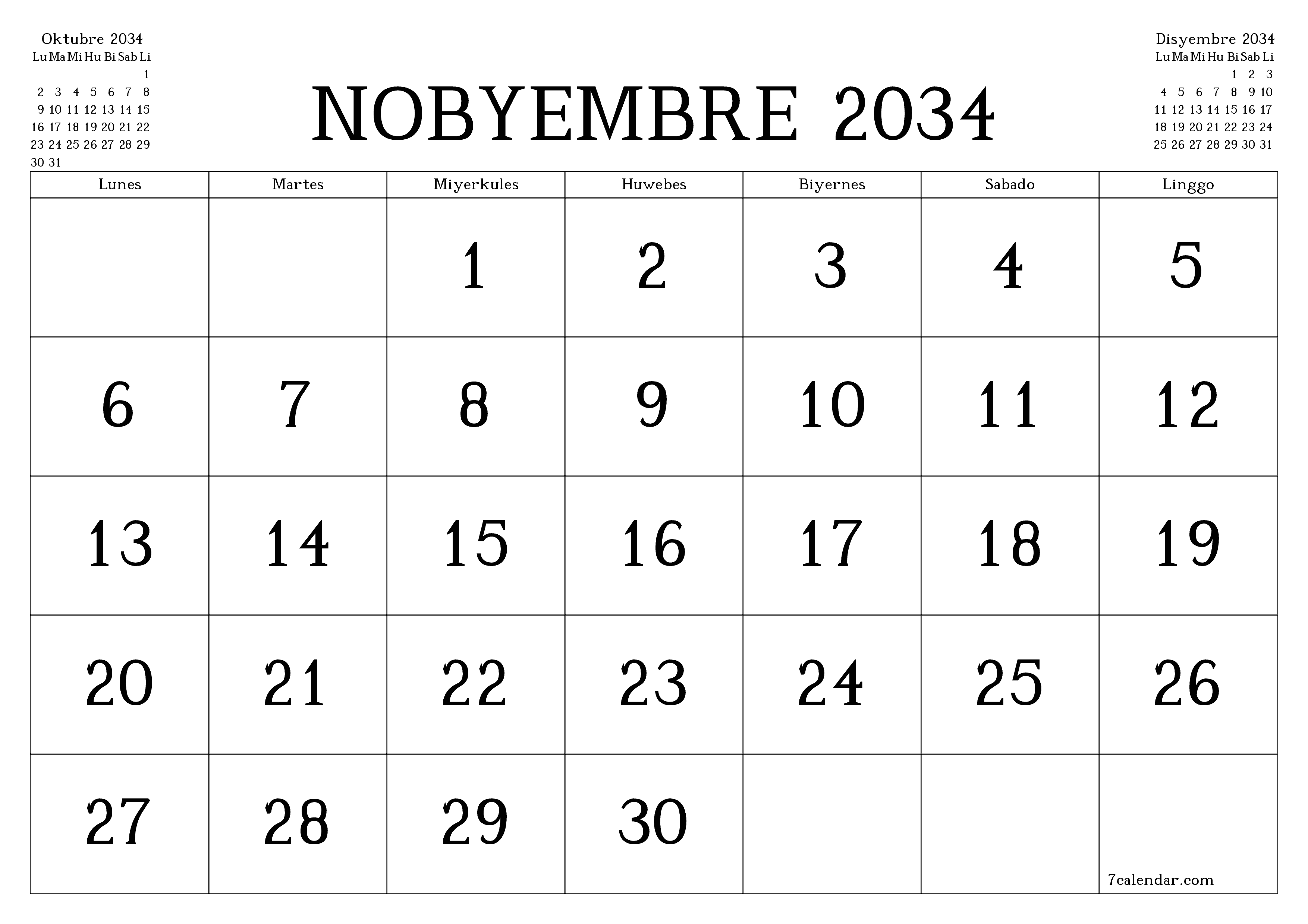 Walang laman na buwanang tagaplano para sa buwan na Nobyembre 2034 na may mga tala, i-save at i-print sa PDF PNG Filipino