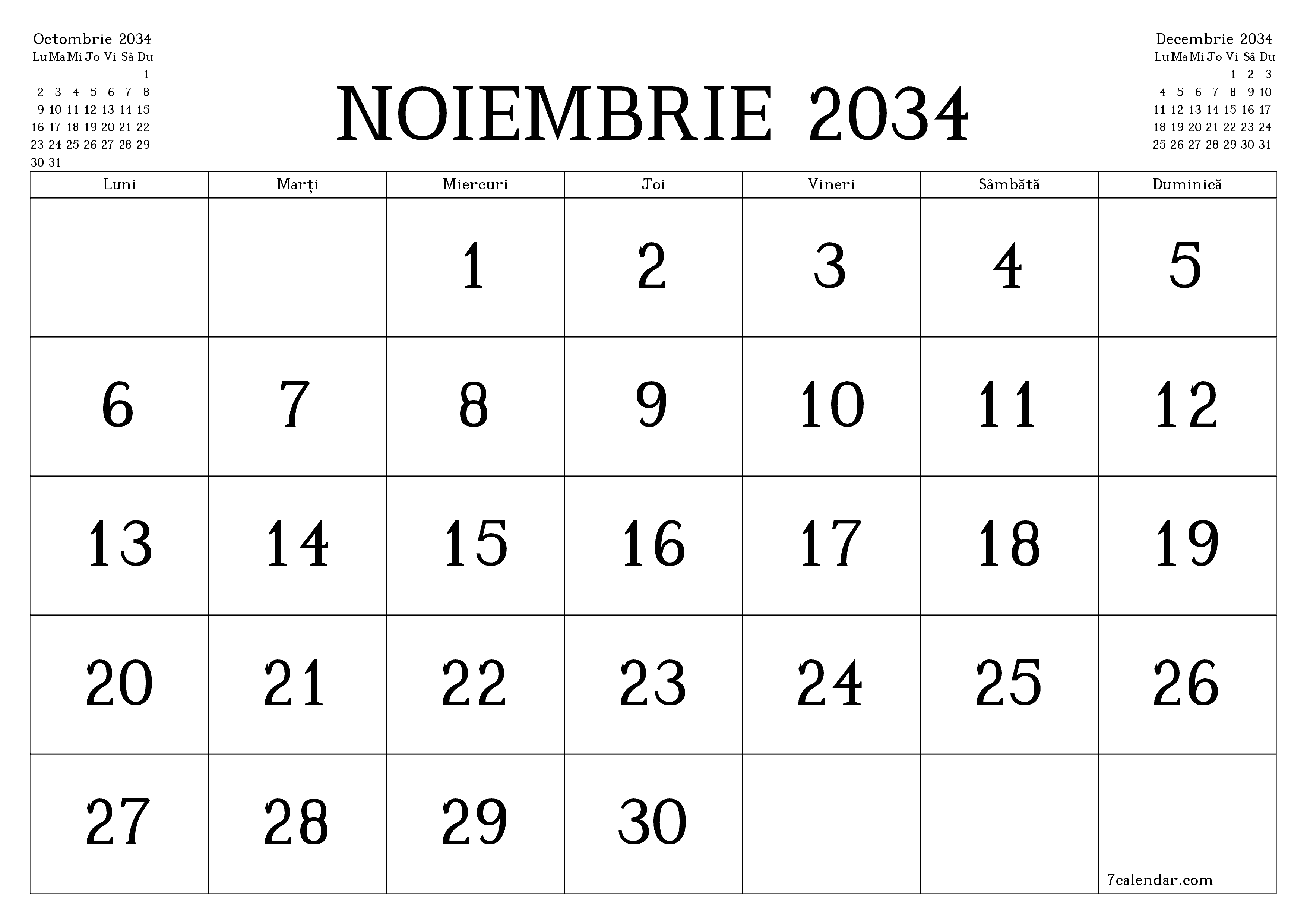 Planificator lunar gol pentru luna Noiembrie 2034 cu note, salvați și tipăriți în PDF PNG Romanian
