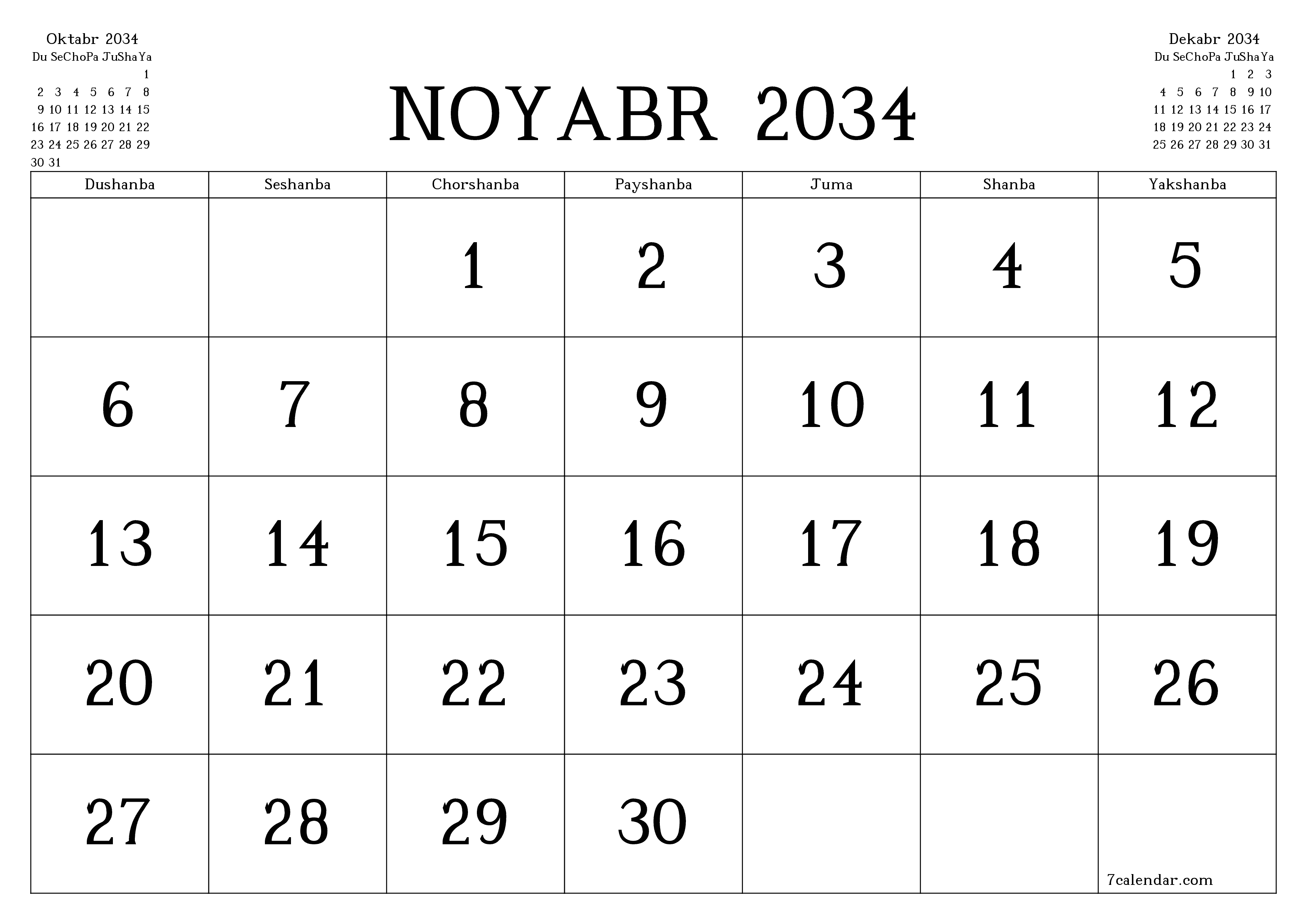 Noyabr 2034 oylik oylik rejalashtiruvchini yozuvlar bilan bo'shatish, saqlash va PDF-ga chop etish PNG Uzbek