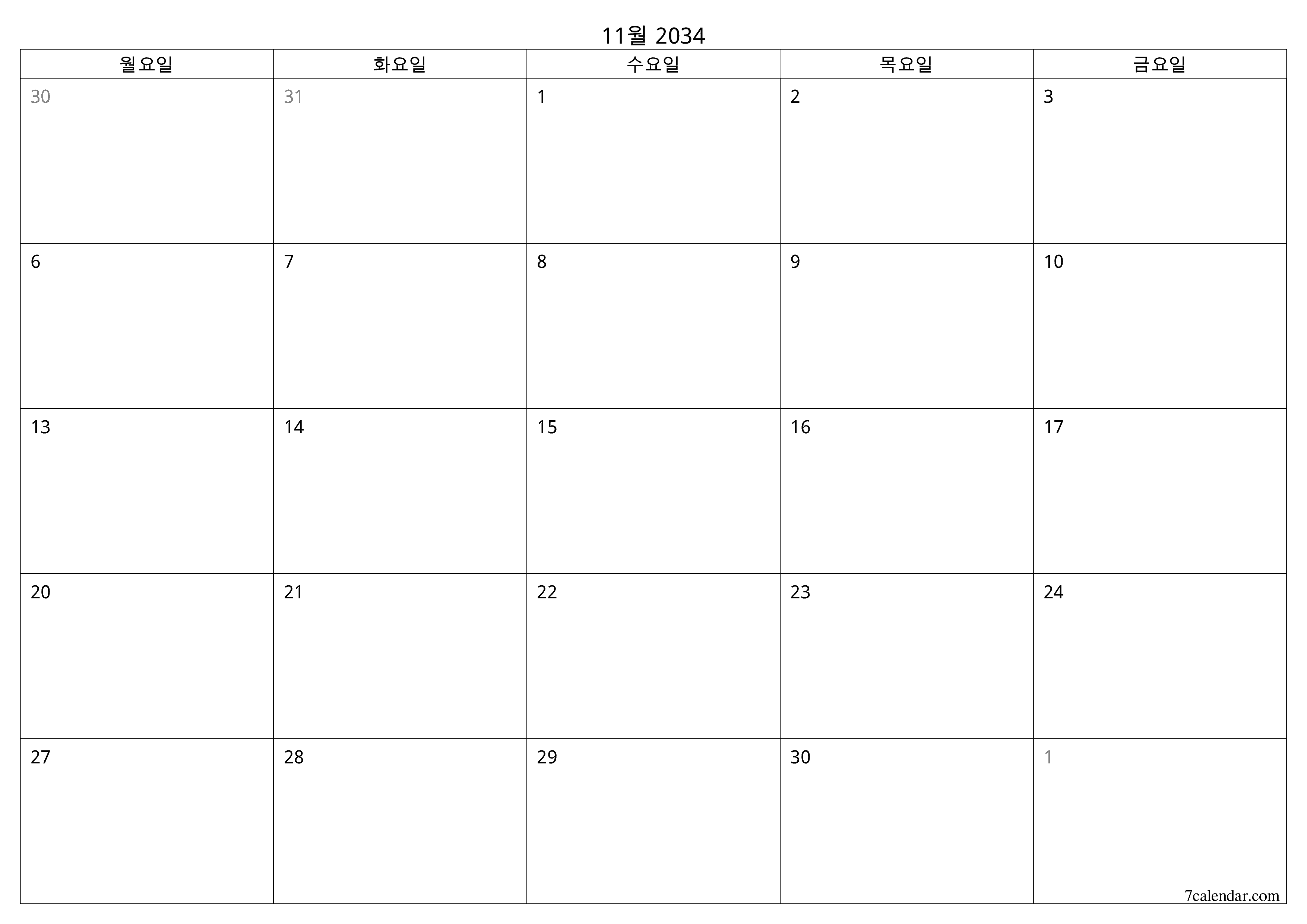 메모가있는 11월 2034 월의 월간 플래너 비우기, PDF PNG Korean-7calendar.com으로 저장 및 인쇄