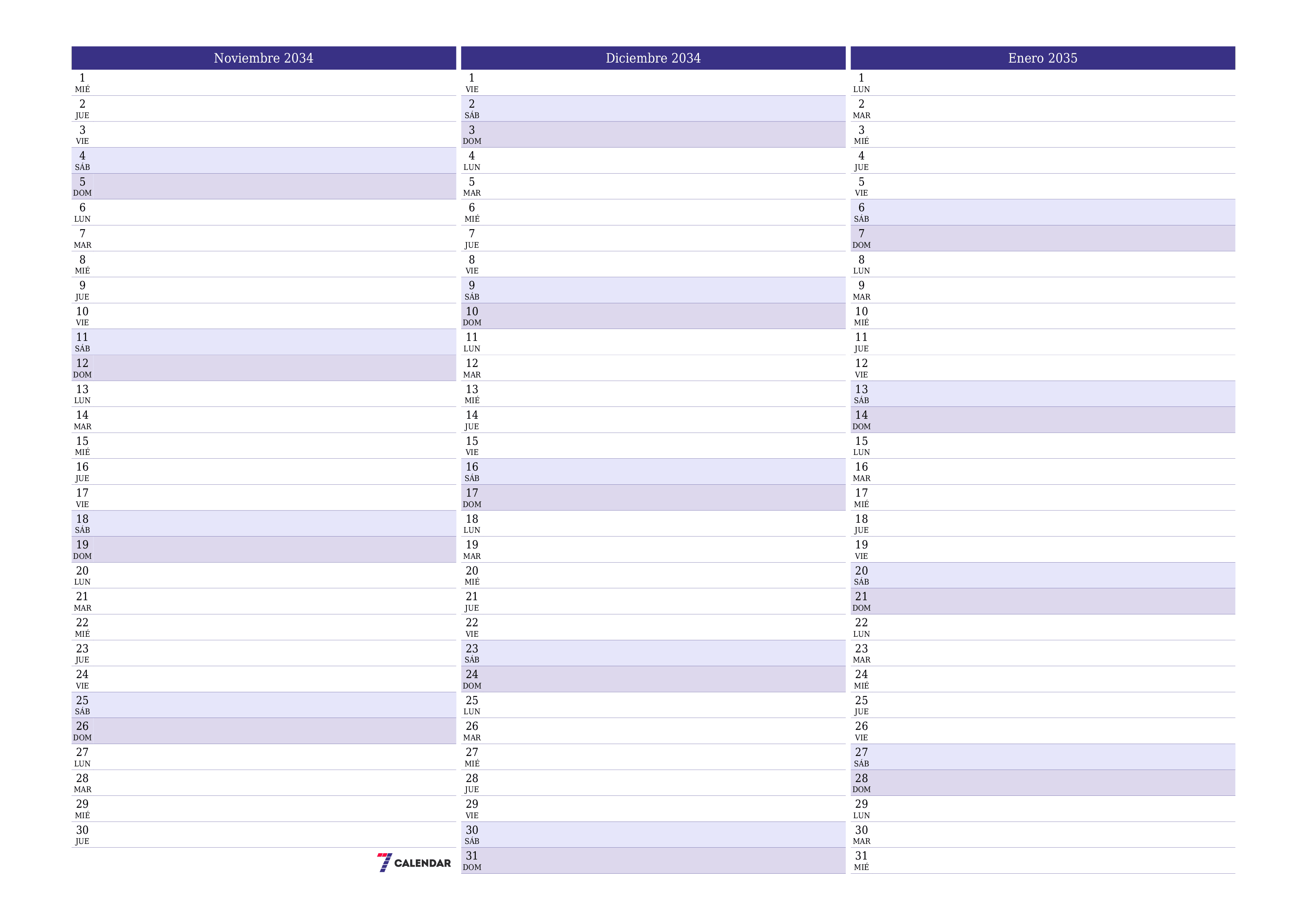 Planificador mensual vacío para el mes Noviembre 2034 con notas, guardar e imprimir en PDF PNG Spanish