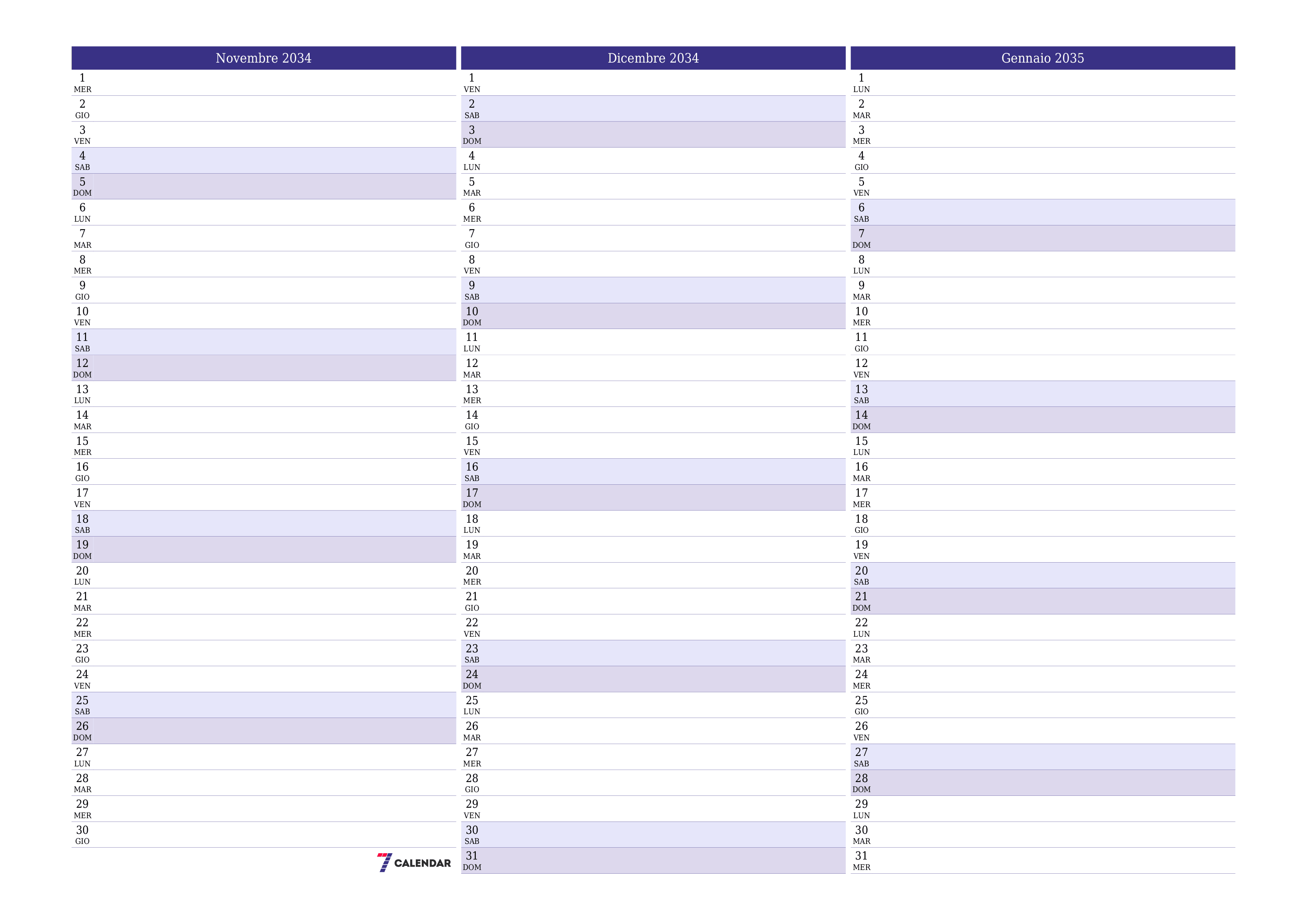  stampabile da parete modello di gratuitoorizzontale Mensile pianificatore calendario Novembre (Nov) 2034