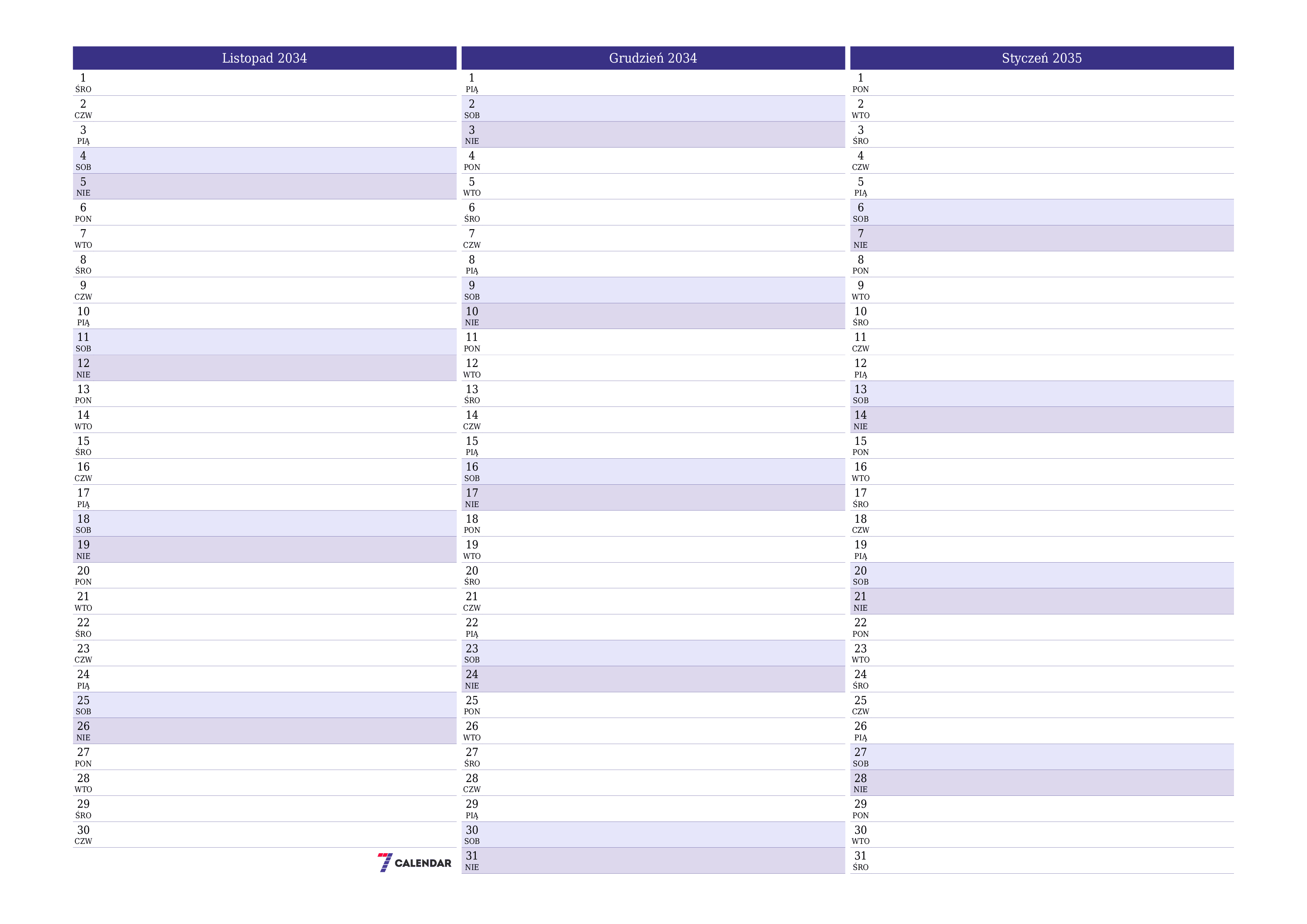 Opróżnij miesięczny planer na miesiąc Listopad 2034 z notatkami, zapisz i wydrukuj w formacie PDF PNG Polish